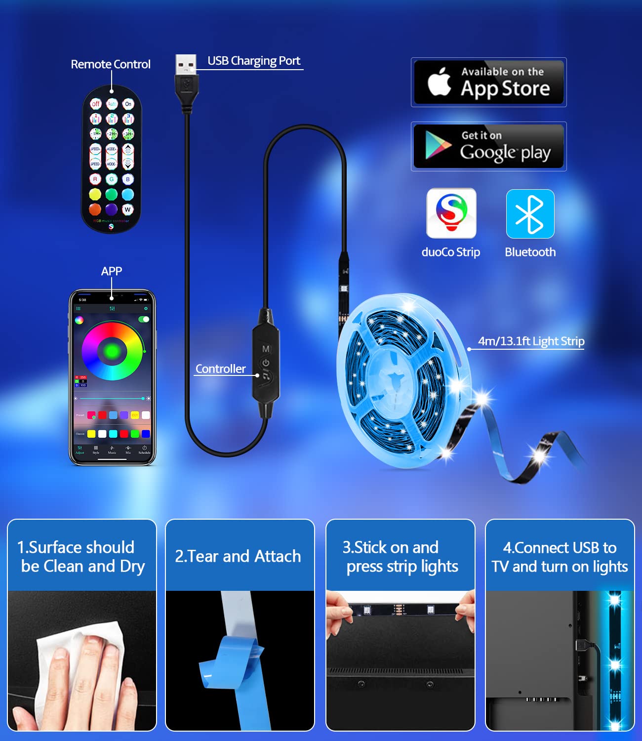 Daymeet 13.1ft RGB LED TV Backlight, Music Sync Bluetooth Control, USB Powered Light Strip for 45-60 inch TVs, Solid Colors