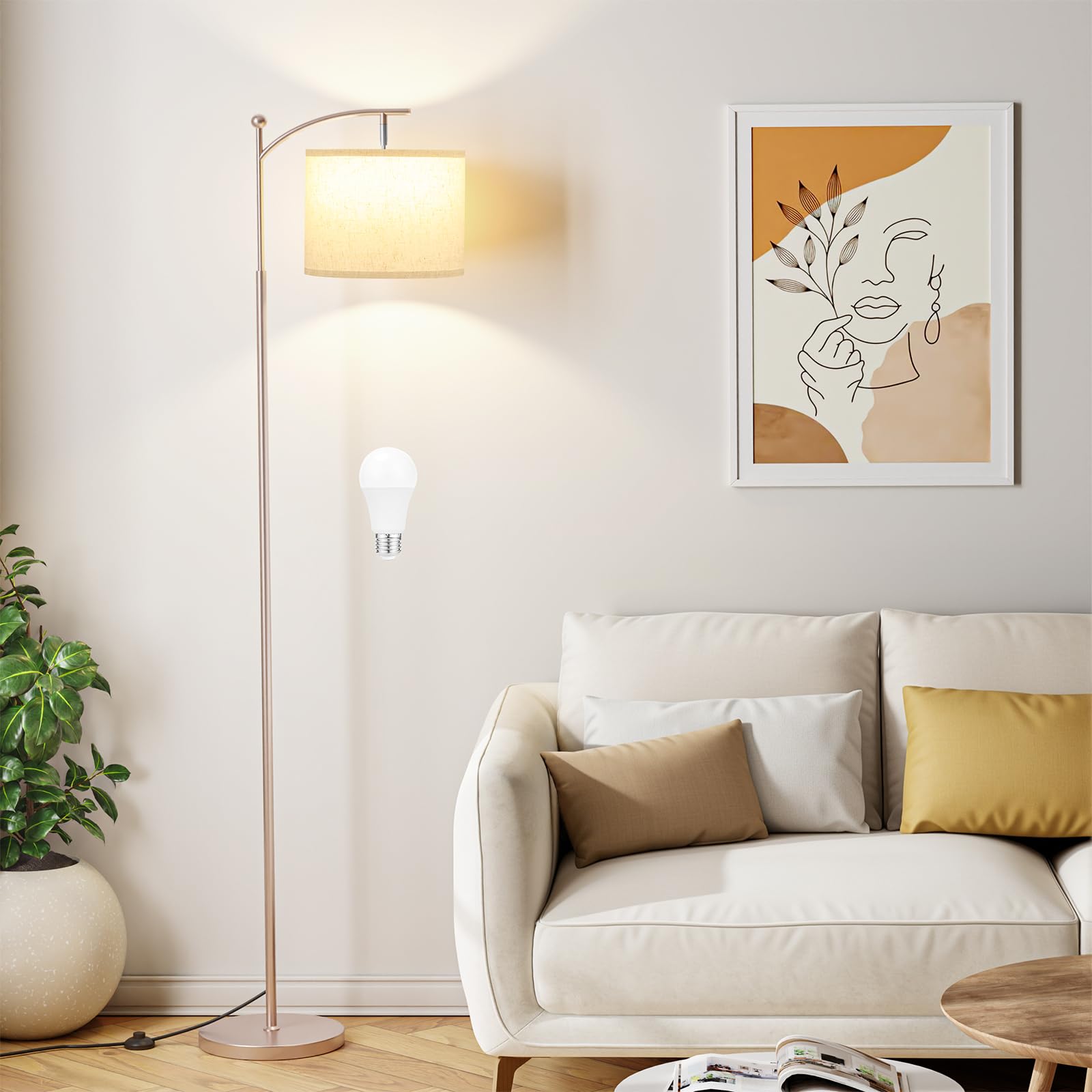 Ambimall 60in Floor Lamp with Adjustable Beige Shade, Light Gold Pole, 9W Bulb Included