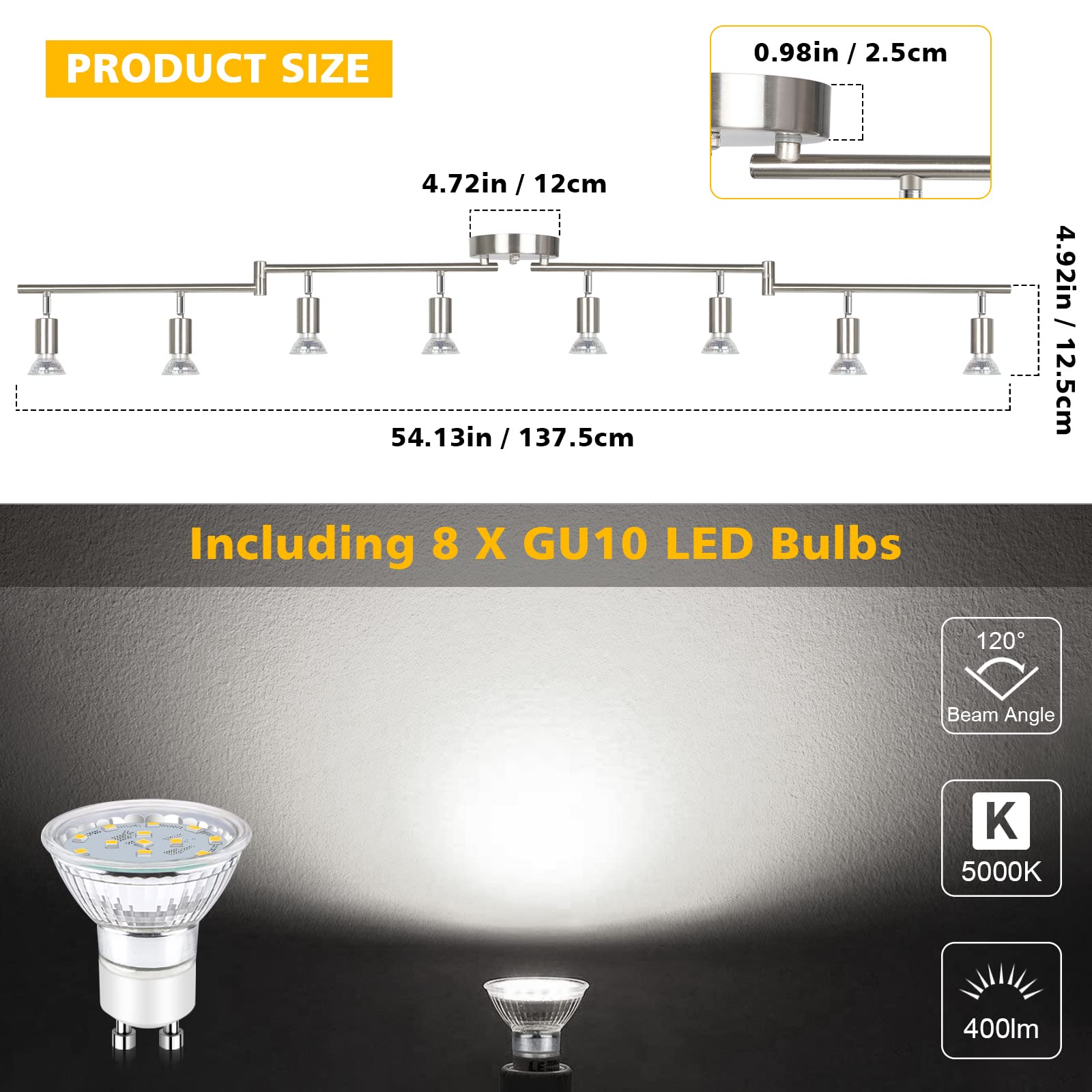 Unicozin LED Track Lighting Kit, 8 Light, Matt Nickel, Includes 8 x GU10 Bulbs, Flexibly Rotatable, 5000K Daylight White