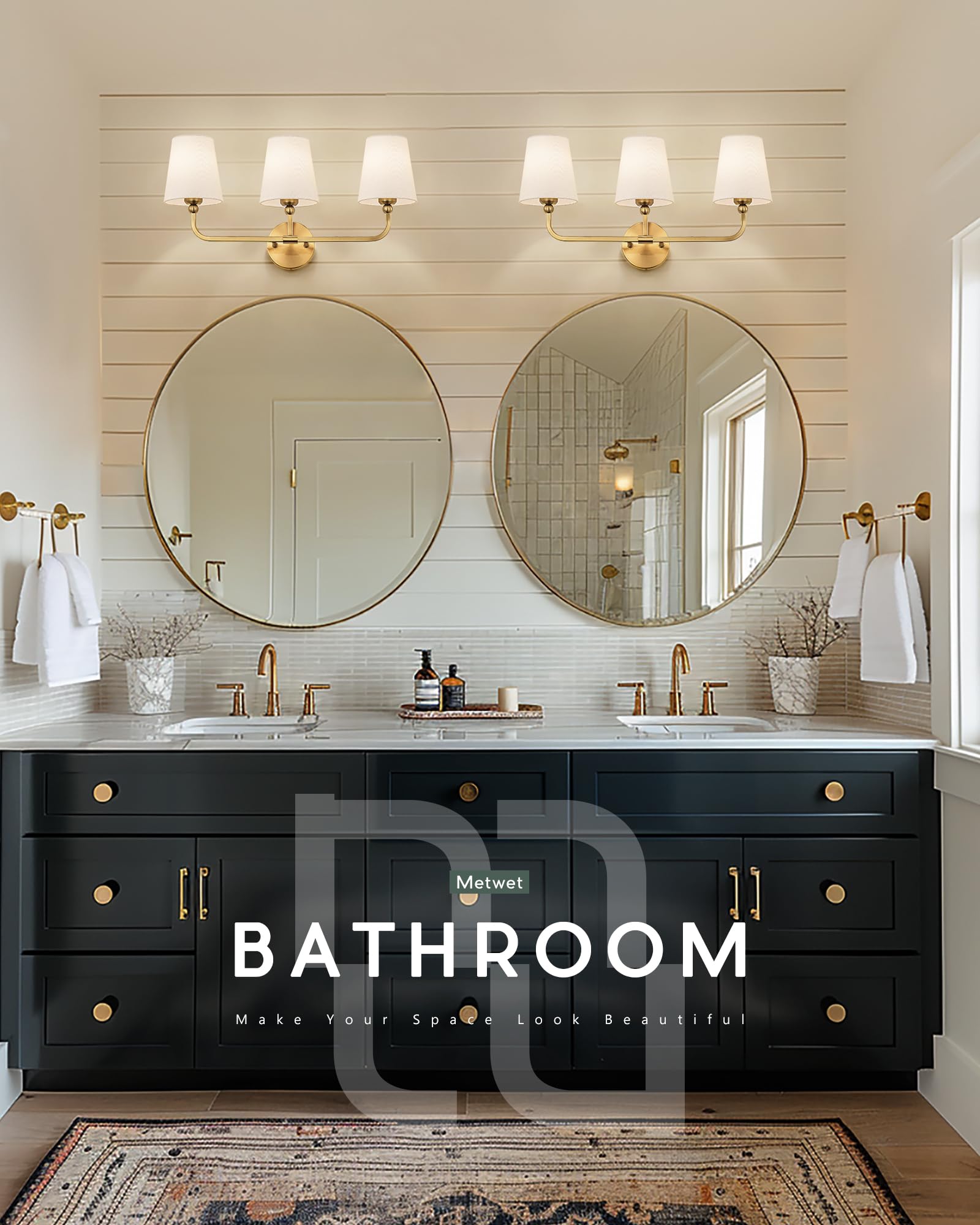 Metwet Bathroom Light Fixtures, Brushed Gold Vanity Lights With Flared White Fabric Shade, 3 Light Wall Sconce, Modern Sconces W