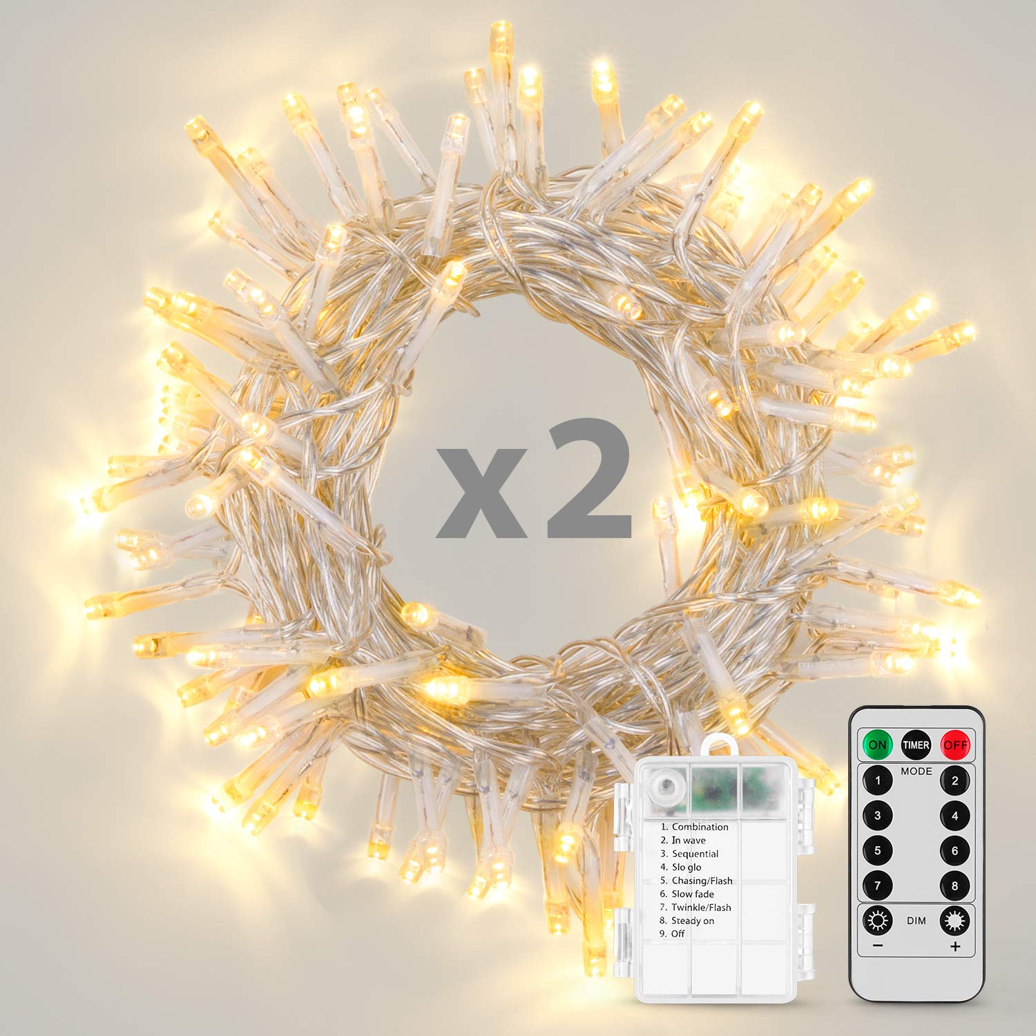 Koxly Battery Operated String Lights, 2 Pack, 36ft, 100 LED, Waterproof, 8 Modes, Warm White, Remote Timer, Indoor Outdoor Decorations