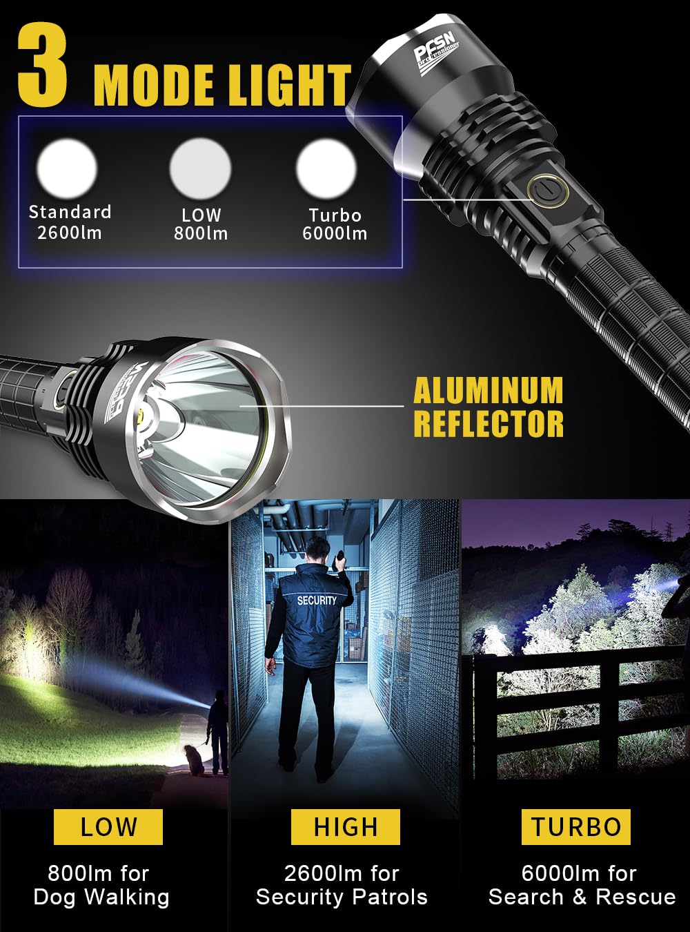 PFSN 6000LM Rechargeable Tactical Flashlight - IPX65 Waterproof, 400M Range, Anodized Aluminum, 20Hrs Long Lasting, Model FBA-TCP