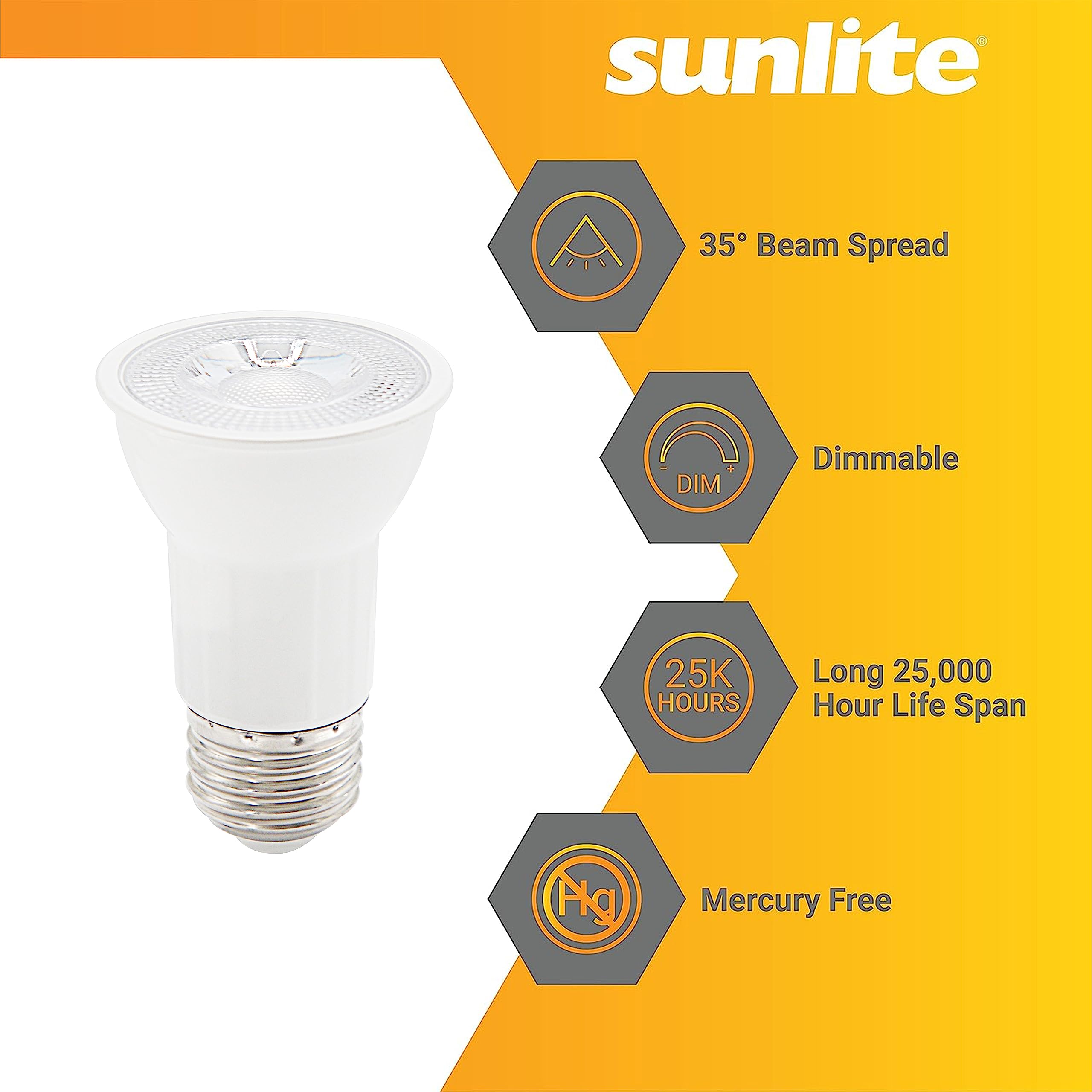 Sunlite 41568 Led Par16 Long Neck Recessed Spotlight Bulb, 7 Watt, (75W Halogen Replacement), 500 Lumens, Medium (E26) Base, Dim