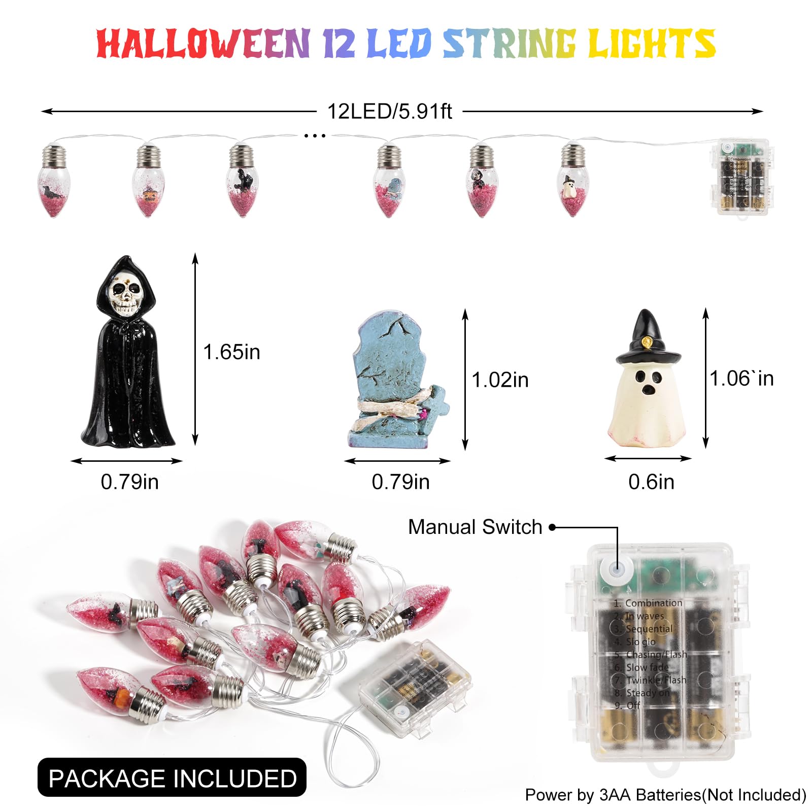 ehuoyan Halloween String Lights - 12 Spooky Dolls, Battery-Operated, Indoor/Outdoor, White, Model WSWO12D