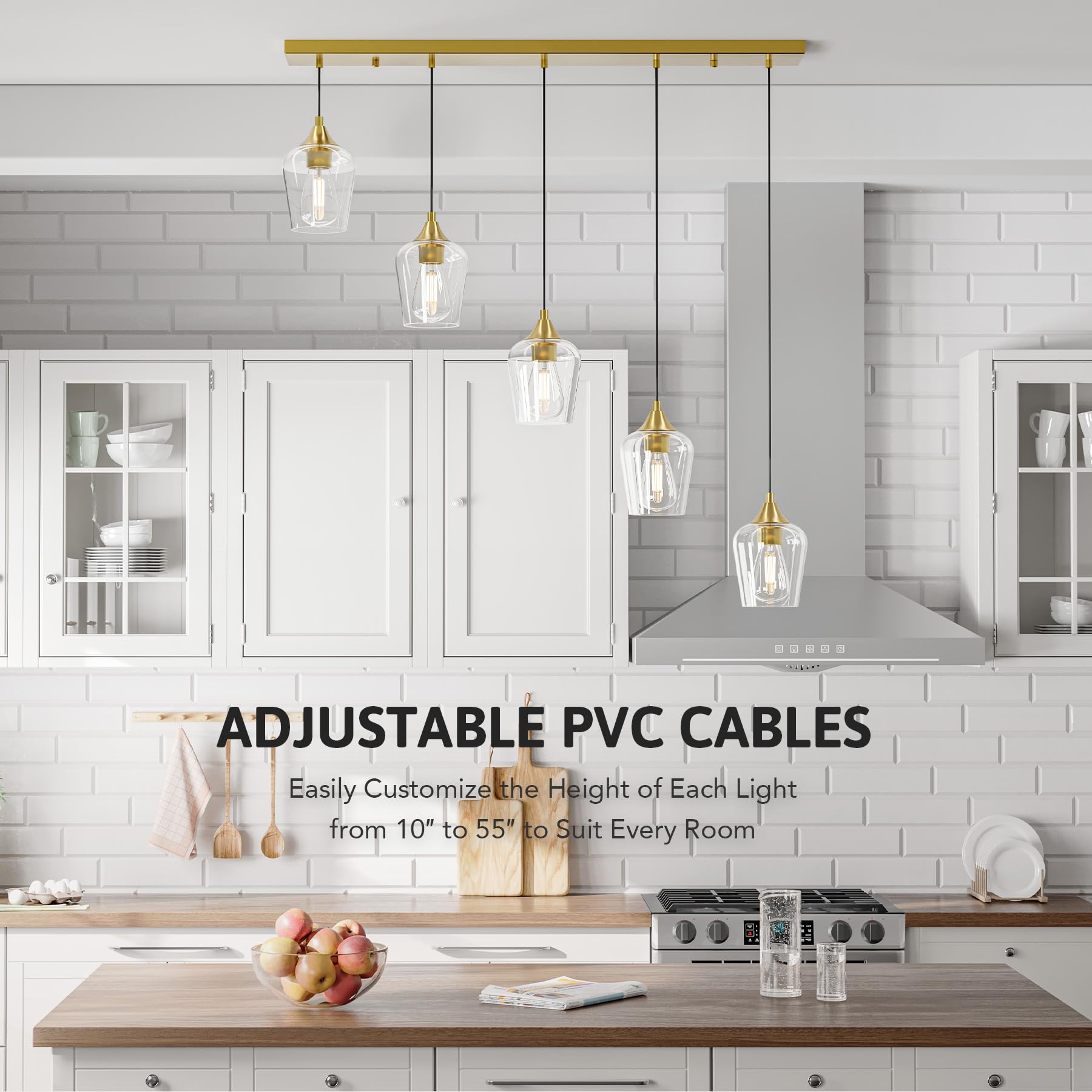 VONLUCE 5-Light Pendant Light Fixture, Modern Metal Pendant with Wine Glass Shades, Brushed Gold, Adjustable Height 10"-55"