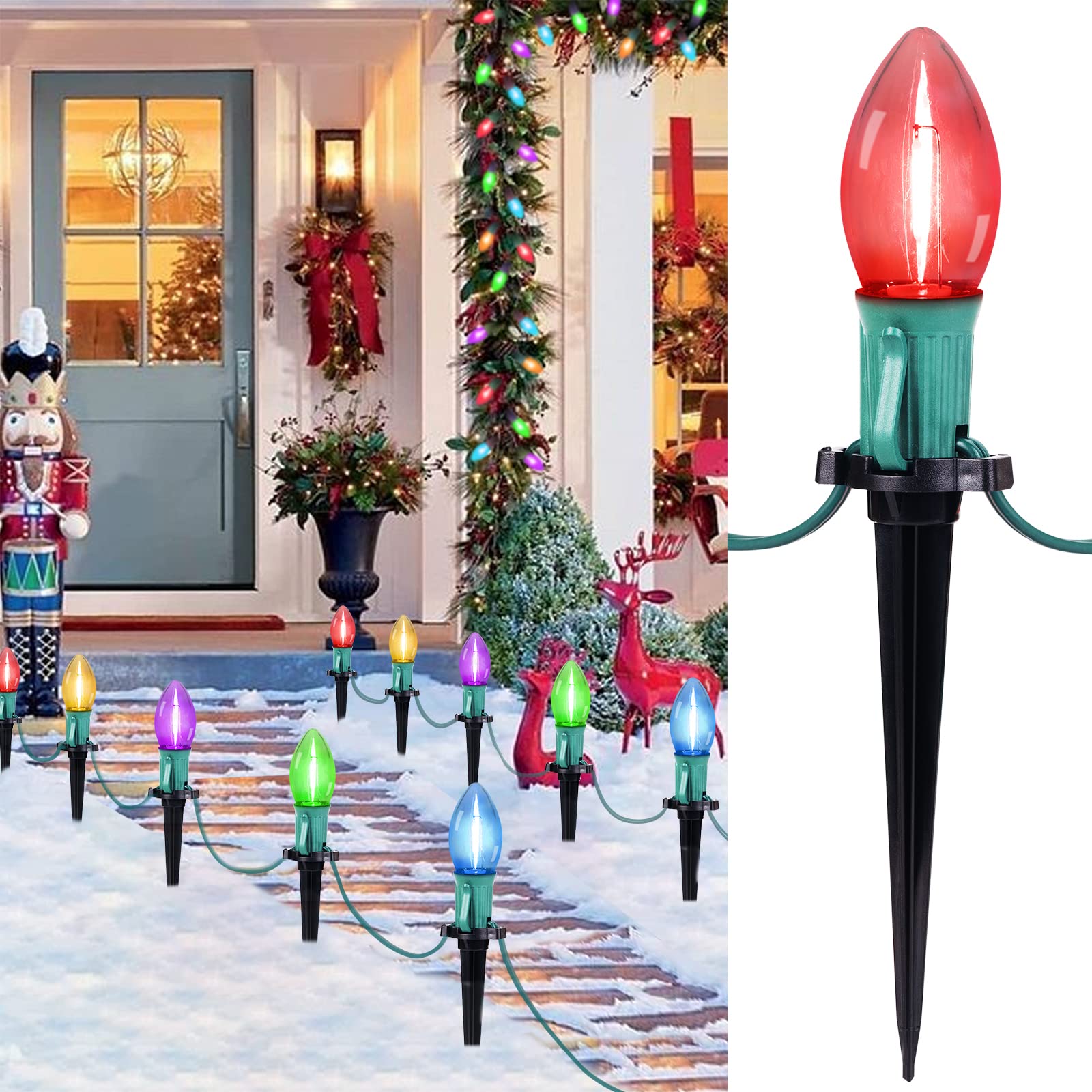 C9 Christmas Lights Outdoor, 4 Packs Total 103 Ft Christmas Pathway Lights with 80 LED Bulbs and Stakes, Connectable Outdoor Chr