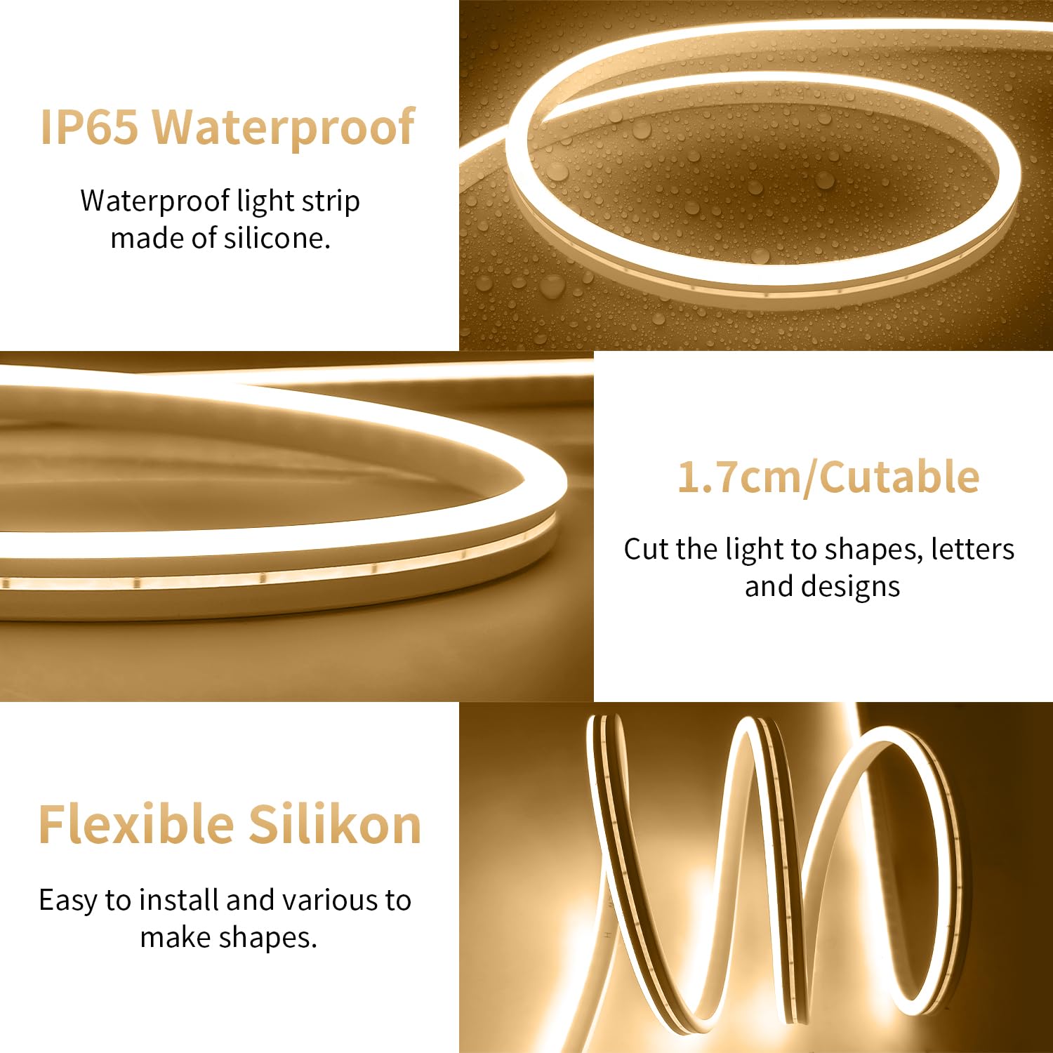 iNextStation USB LED Neon Strip Lights, Warm White, 6.6ft, Waterproof, Dimmable, Model 2812 30L/m