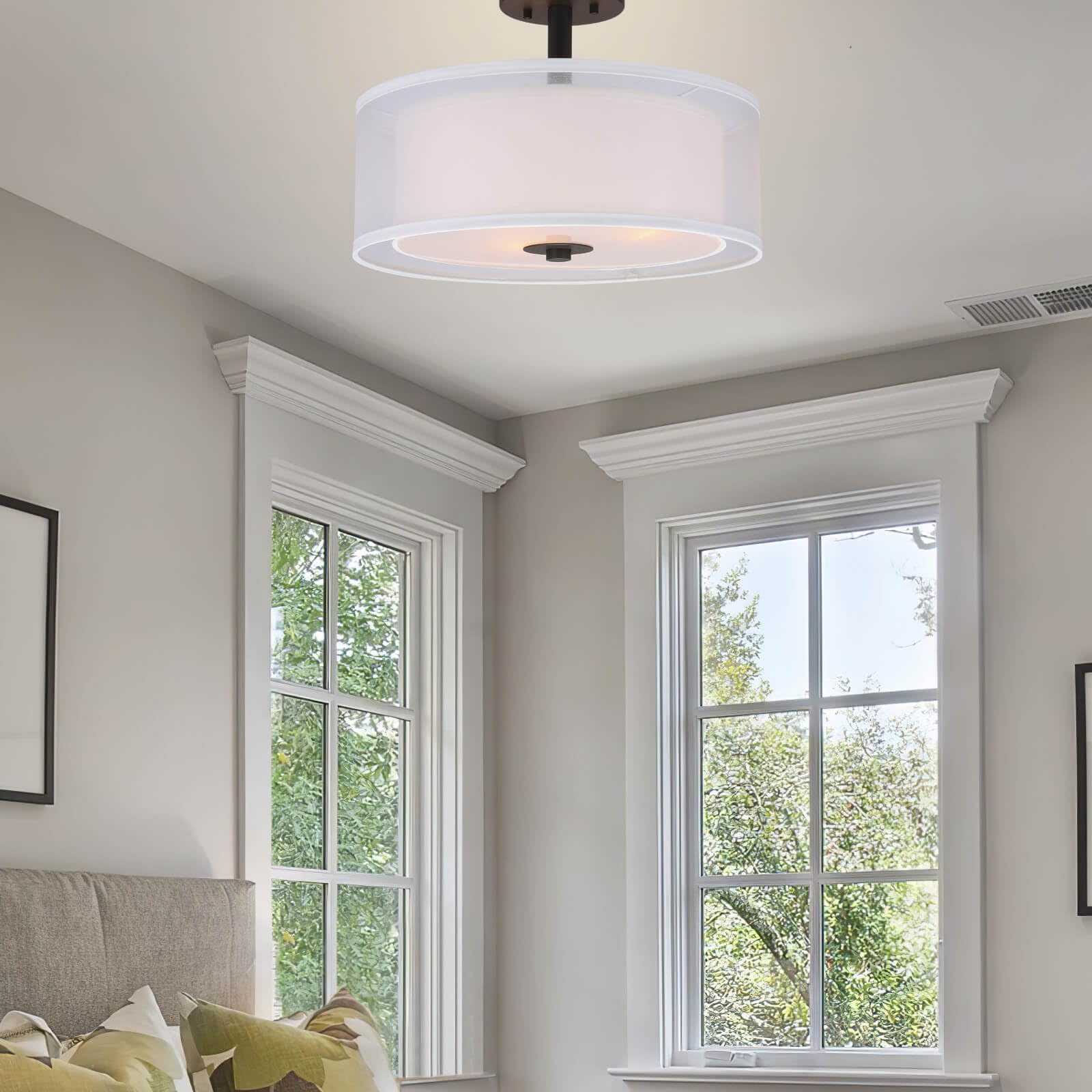 XiNBEi Lighting Semi Flush Mount Ceiling Light, 16" Drum, Dark Bronze Fabric Shade, Model XB-SF1194-DB for Living Room & Bedroom