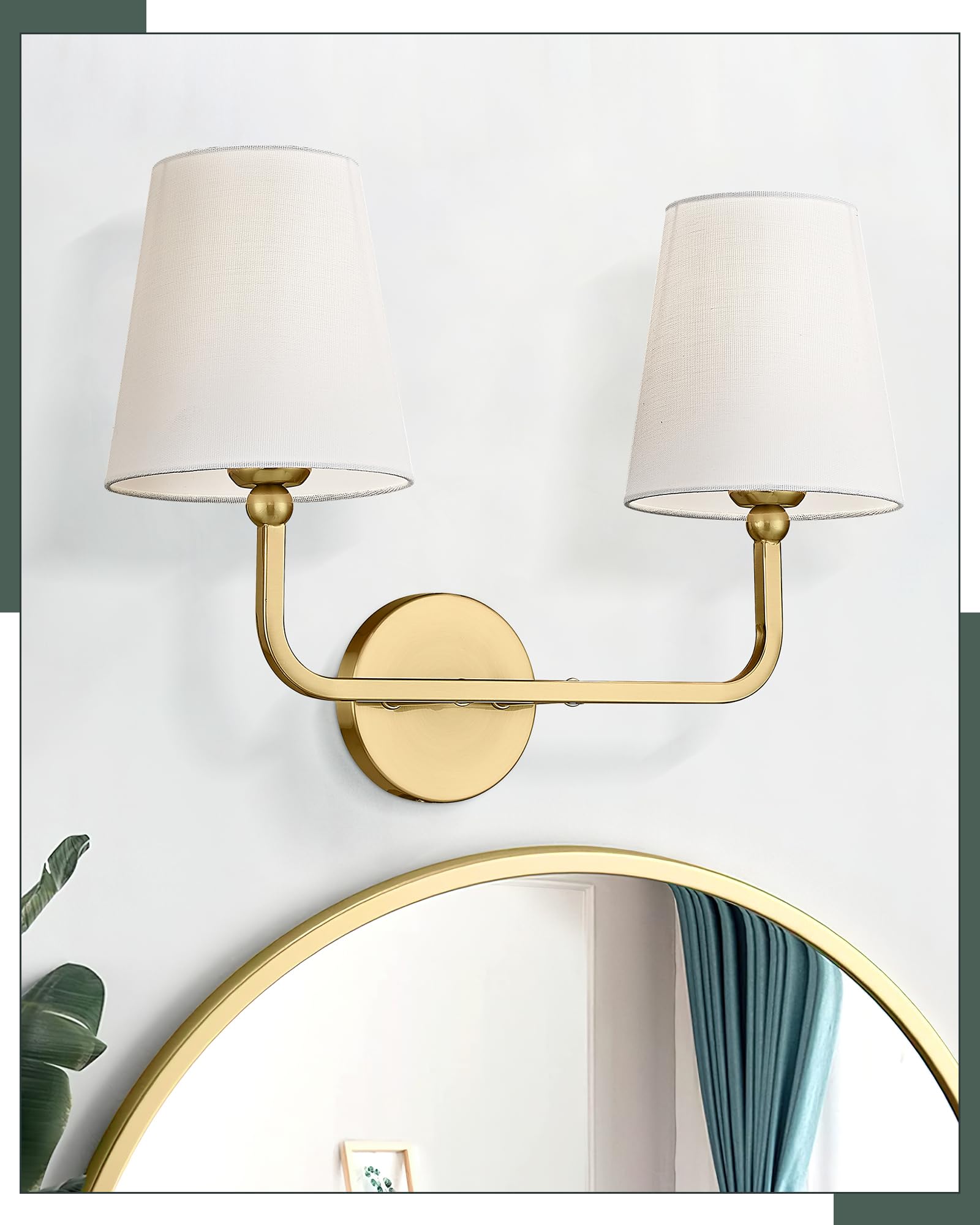 METWET 2-Light Bathroom Vanity Light, Brushed Gold Metal Sconce with White Shade, Modern Design, Model VL837-BG