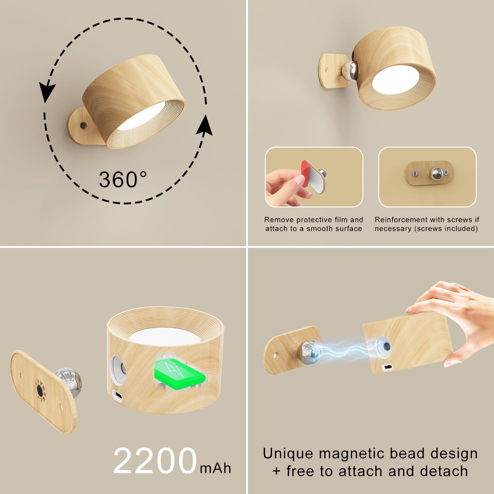 Koopala Led Wall Lamps Set Of 2 With Rechargeable Battery Operated, Wall Mounted Lights With 3 Brightness 3 Color Temp Removable