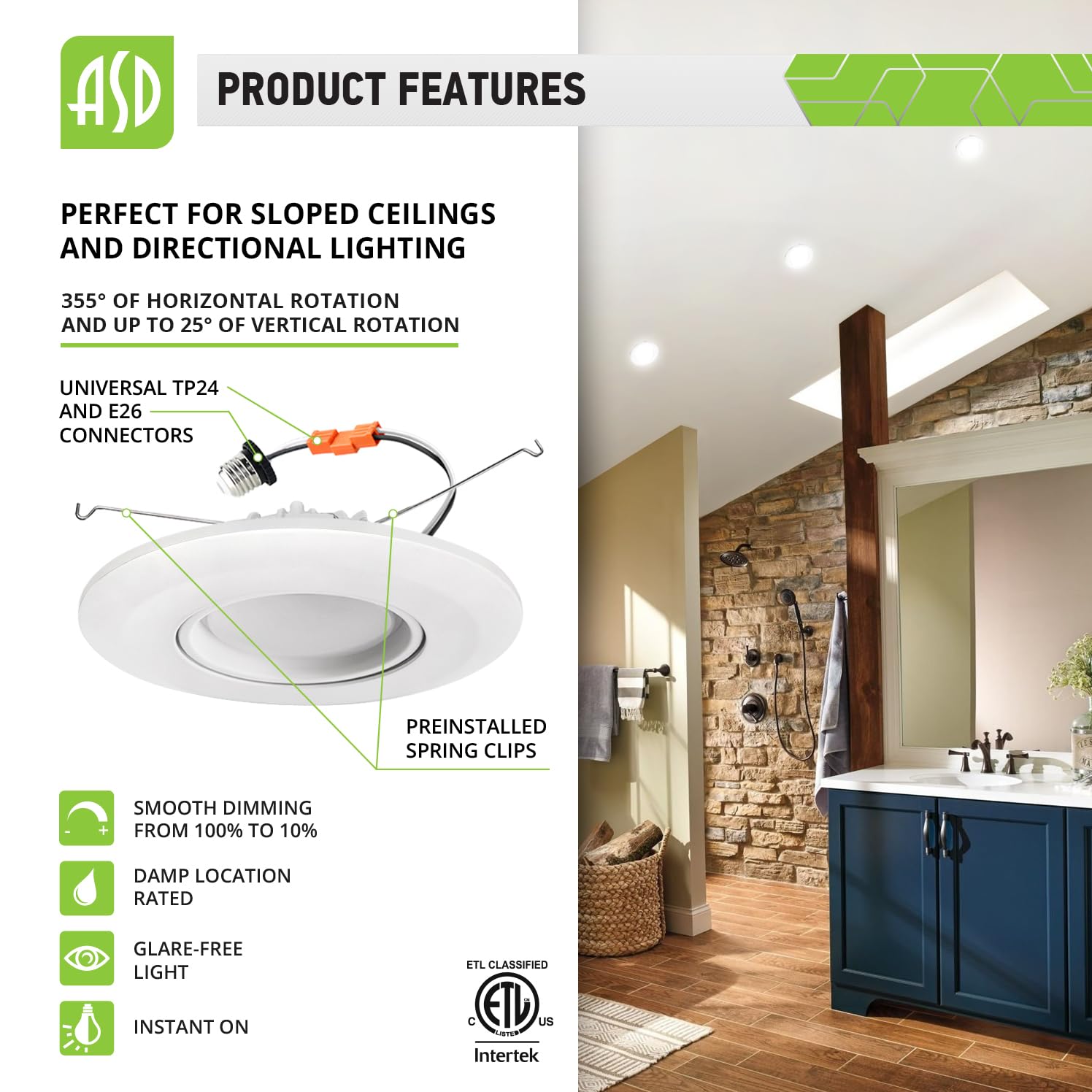 ASD 6" Gimbal Retrofit LED Can Light, 4000K Bright White, 15W, Dimmable, 1050Lm, Aluminum, 1 Pack, Model A-R