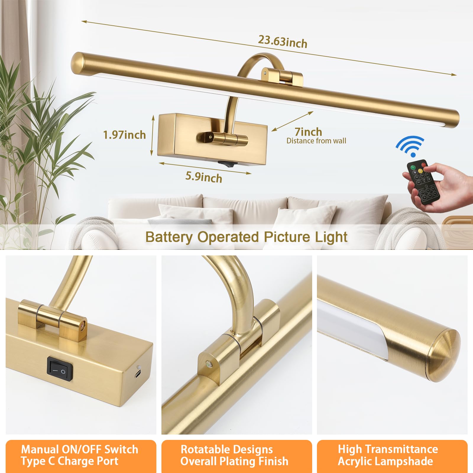 Tassuowell Battery Operated Picture Light with Remote, 24 inch Dimmable Brass Wall Sconce for Art Lighting, Model 7115