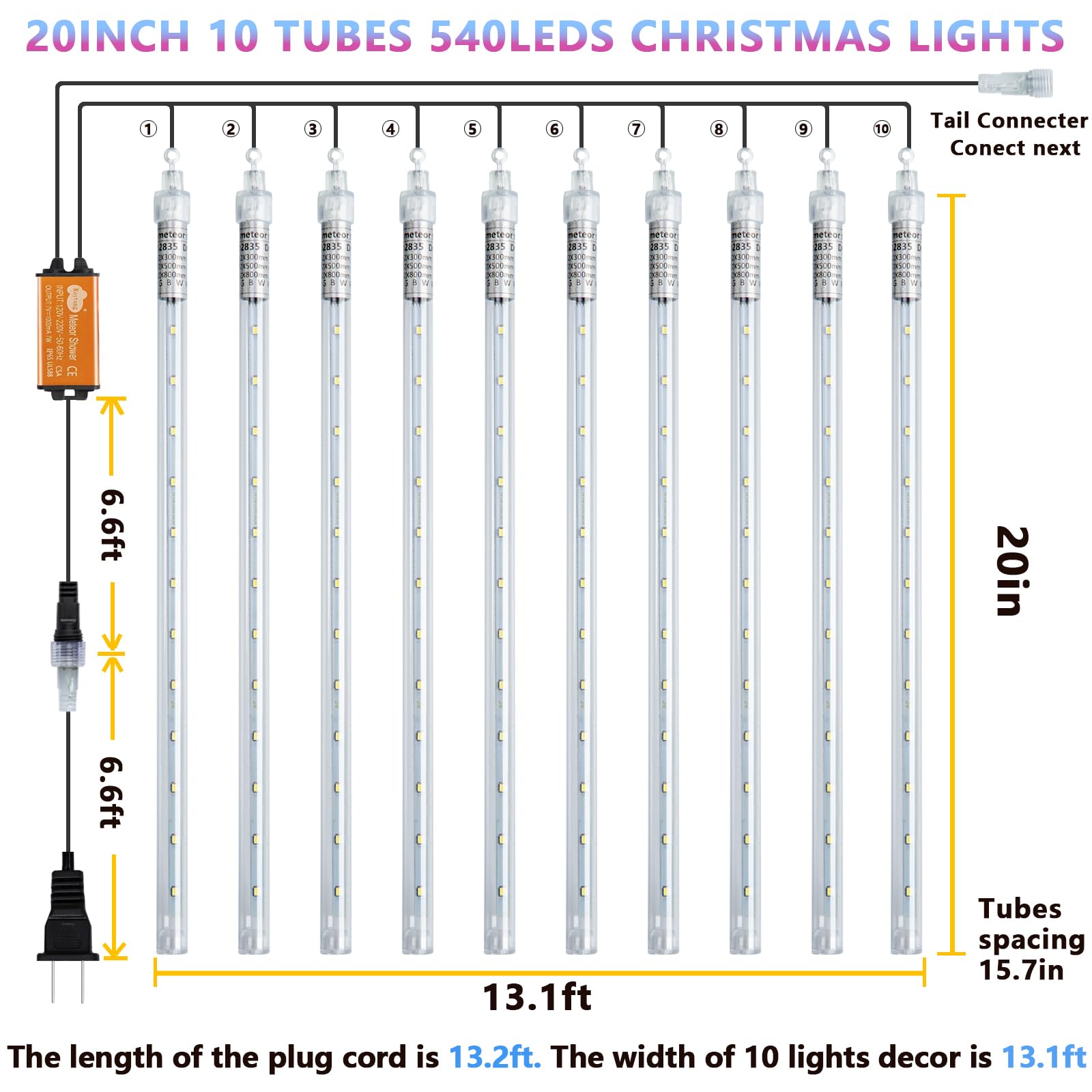 Roytong Christmas Lights, Meteor Shower Lights, Orange 10 Tube 540 Led 20 Inch Icicle Lights For Halloween Outdoor Tree Patio Ga