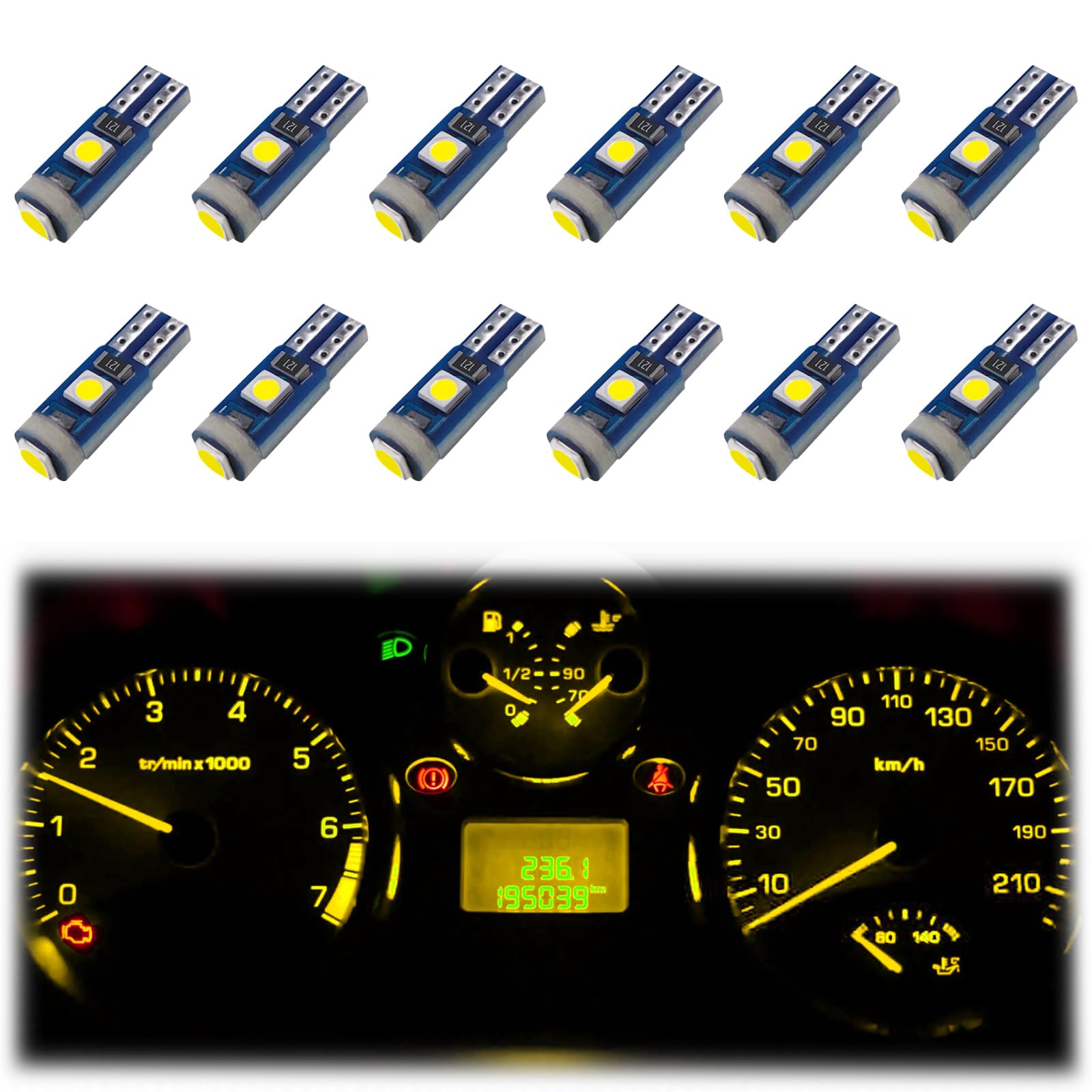 ecocstm 12 PCS T5 LED Bulbs  74 73 37 2721 Instrument Cluster Light Bulb  12 Volt Bright Canbus Error Free LED Dashboard Light Bulb  3030 SMD Automotive Replacement Bulbs (Yellow)