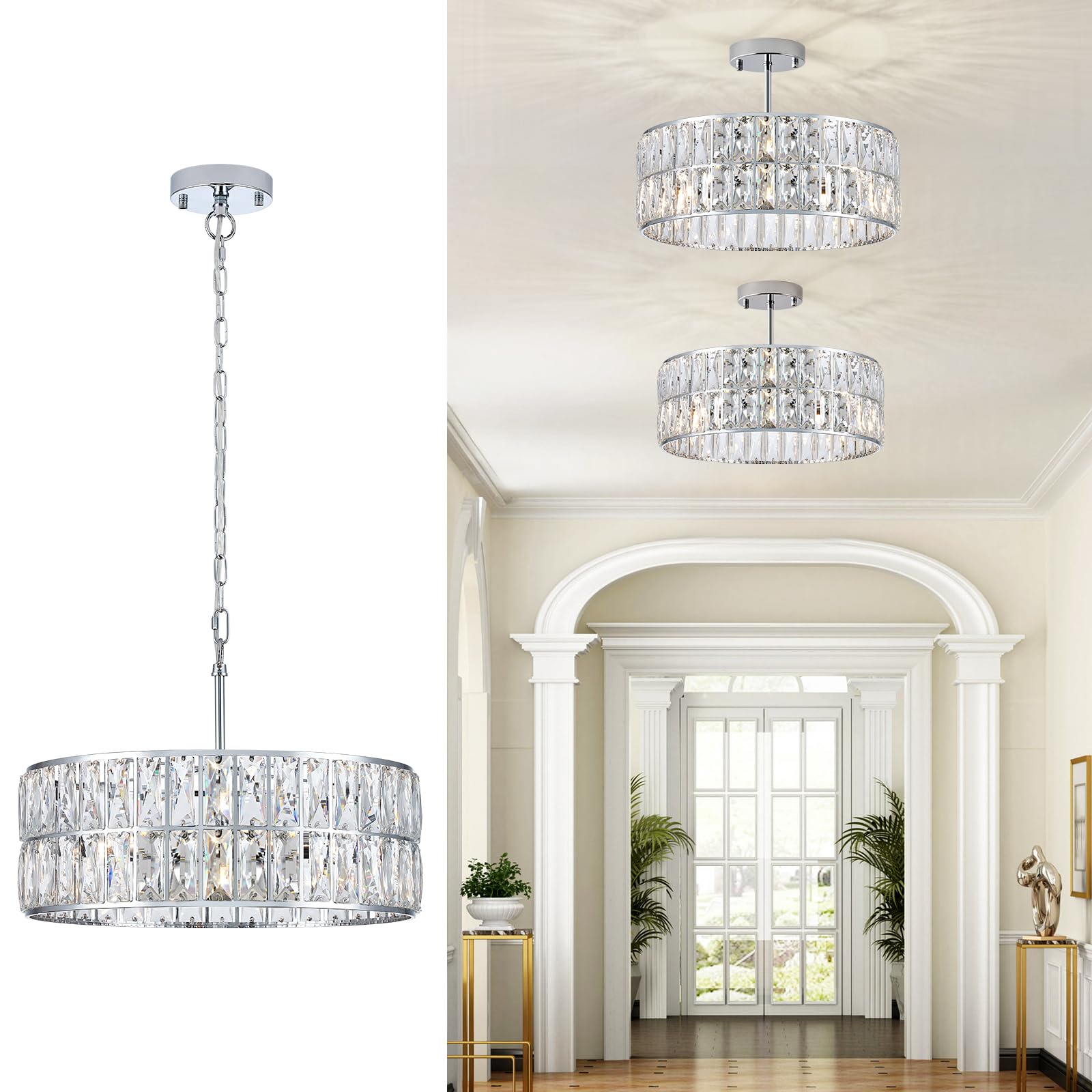 Catiner Modern Crystal Chandelier 18 Chrome Semi Flush Mount Ceiling Light Fixtures 6-Lights Drum Crystal Pendant Lighting For Dining Room Foyer Bedroom Living Room
