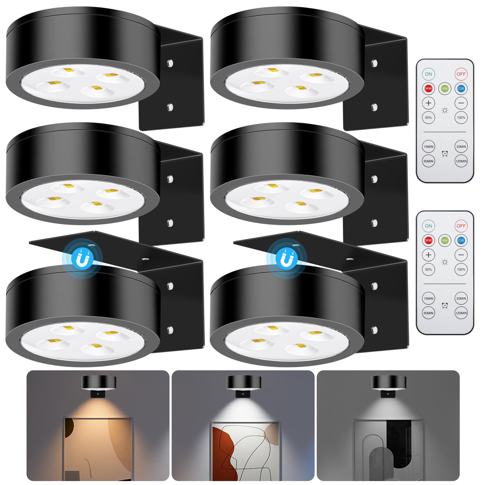 SIXDEFLY Picture Lights, Battery Operated LED Art Display Light, 3 Lighting Modes, 6 Pack, Black, Remote Control, Dimmable, Timer