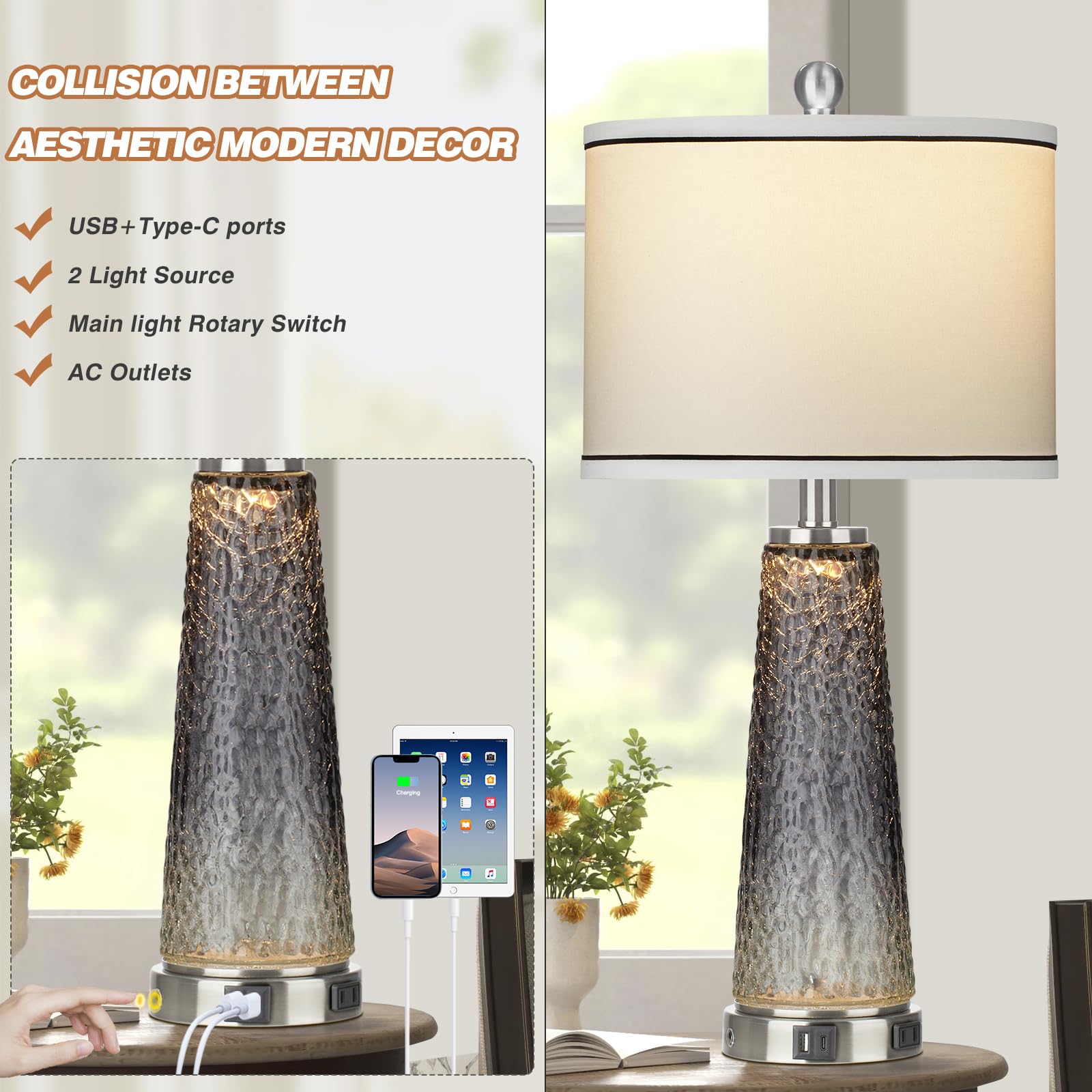 Lolikit Glass Table Lamp Set of 2, 26" Modern Touch Control with USB Ports, Black, Well-made Fabric, 4 Bulbs Included