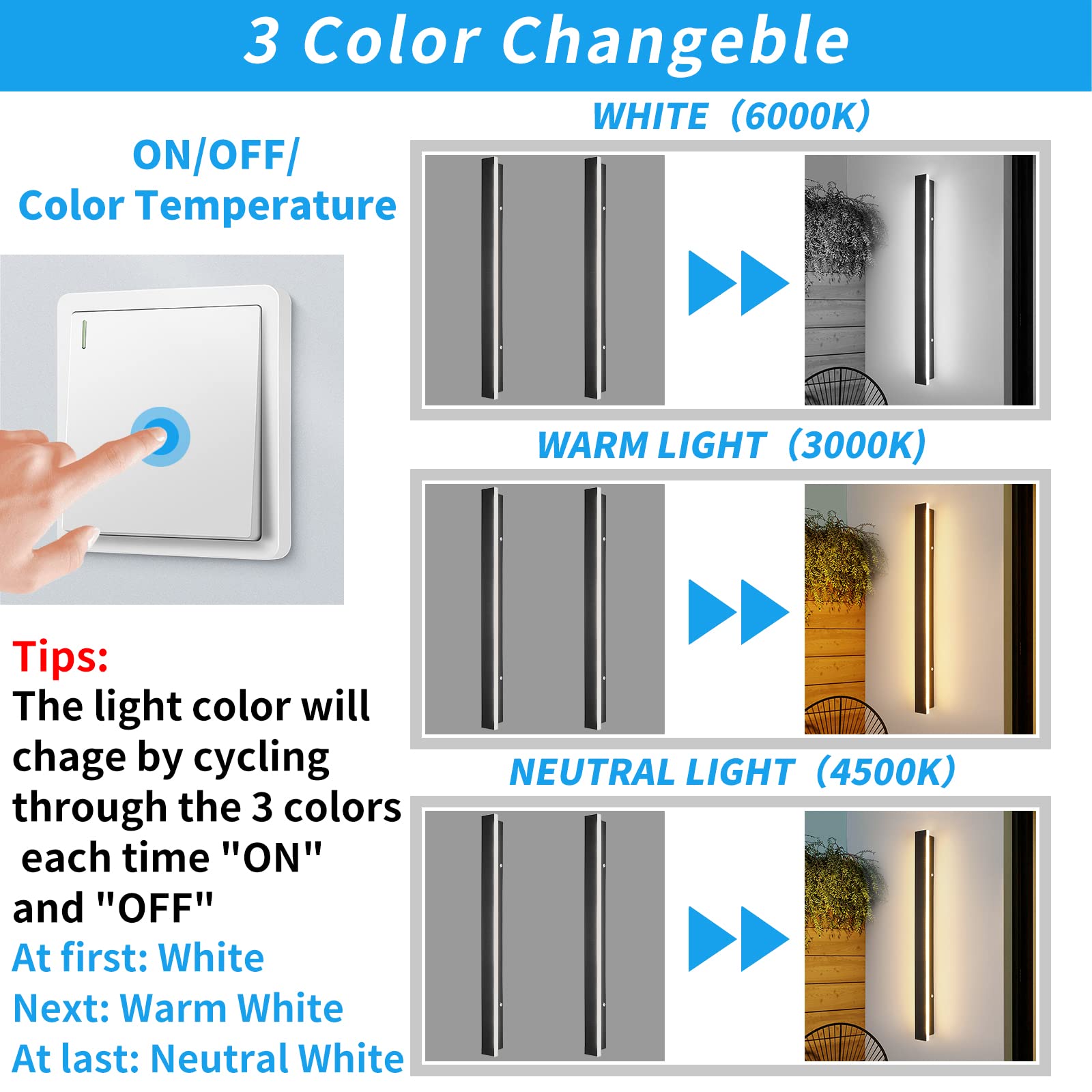 Modern Outdoor Long Led Porch Lights, 31 W Tricolor Light 3000K/4500K/6000K Wall Mounted Simple Long Strip Acrylic Wall Light, 3