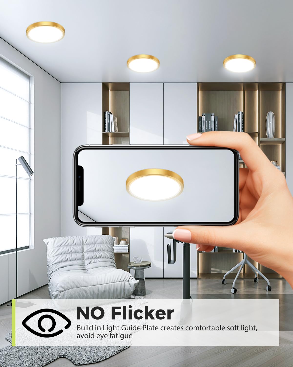 Hepside 2Pack Dimmable Flush Mount Ceiling Light Fixture Golden, 3Cct Selectable 3000/4000/6500K Ceiling Lamp, 7.5Inch 15W 1500L