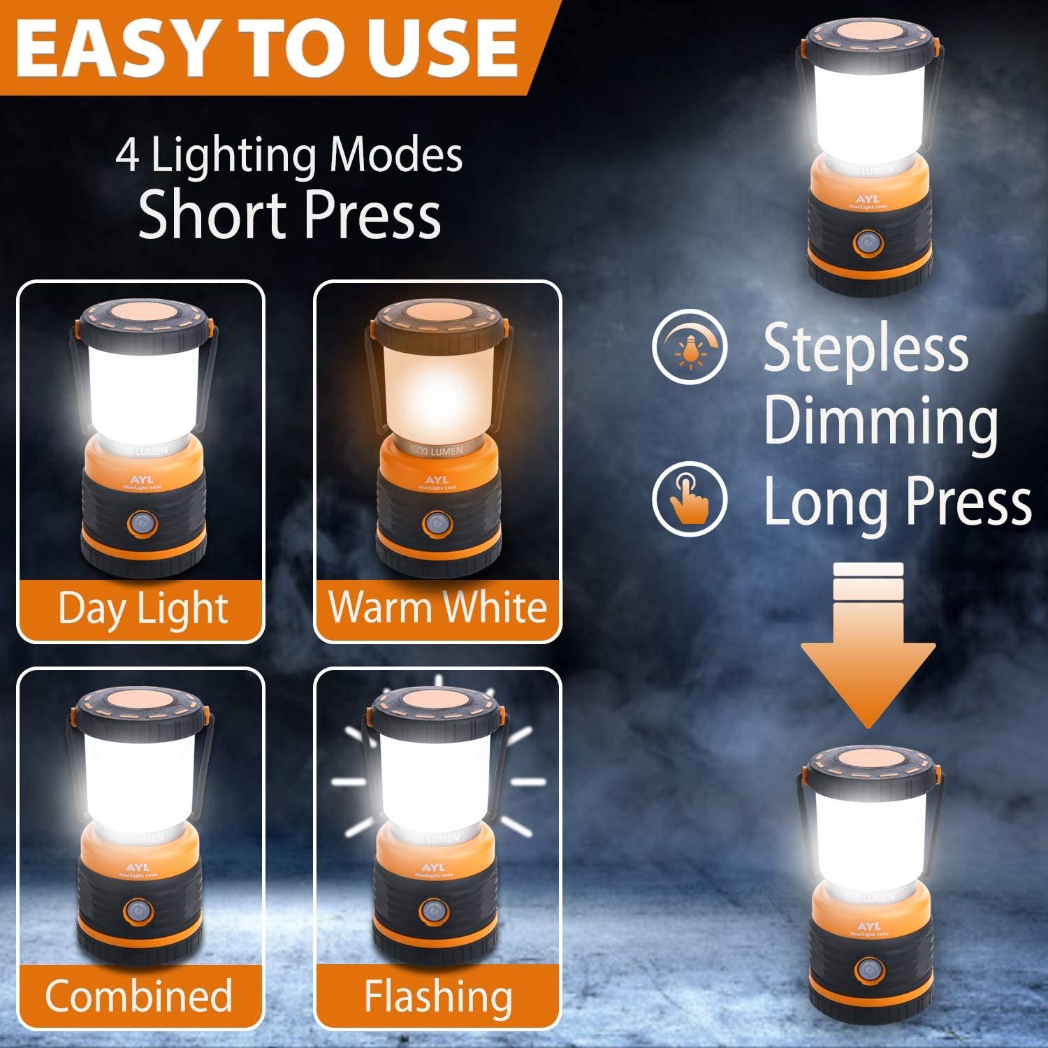 AYL LED Camping Lantern, 1800 Lumens, Rechargeable, IP44 Waterproof, Black and Orange, Model SLR1000, USB Cable Included