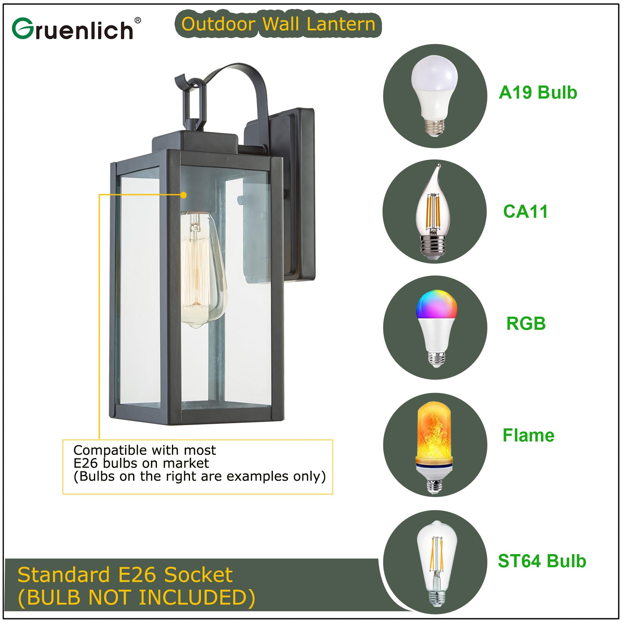 GRUENLICH Outdoor Wall Lantern Sconce, Matte Black, E26 Base, 60W Max, 13.75 Inch, Anti-rust Metal, Model GR-WL004