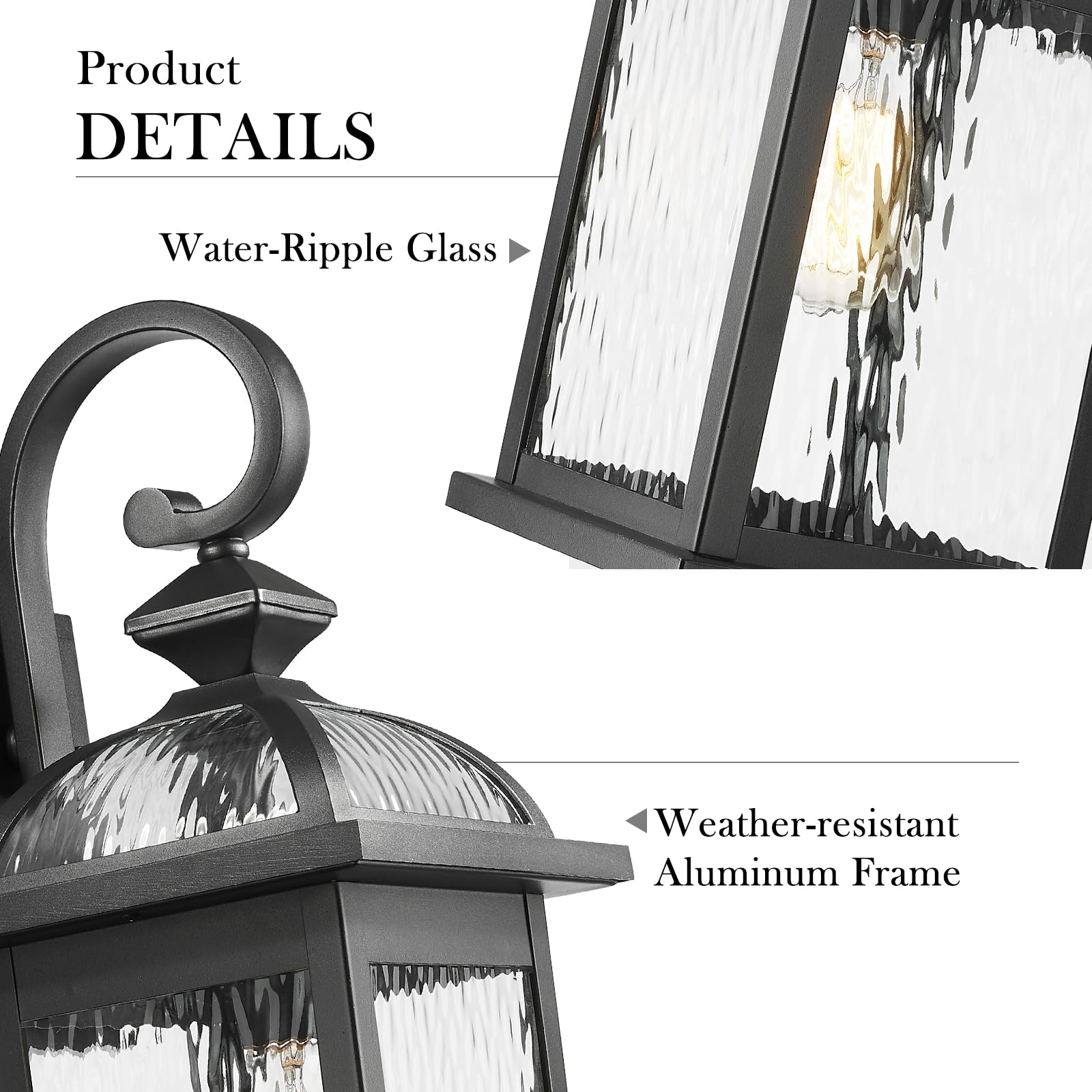 Darkaway 22" Outdoor Wall Sconce Lights, 2-Pack, Black Water Ripple Glass, Aluminum, Model 6D5B-M-2PK BK+SW
