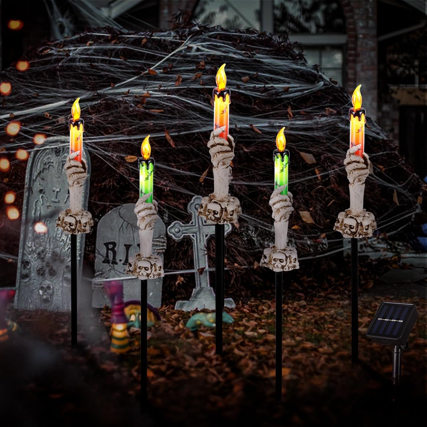 ILLUMINEW Halloween Pathway Lights, Solar LED Candle Skull Holders, 5 Pack, Waterproof, White