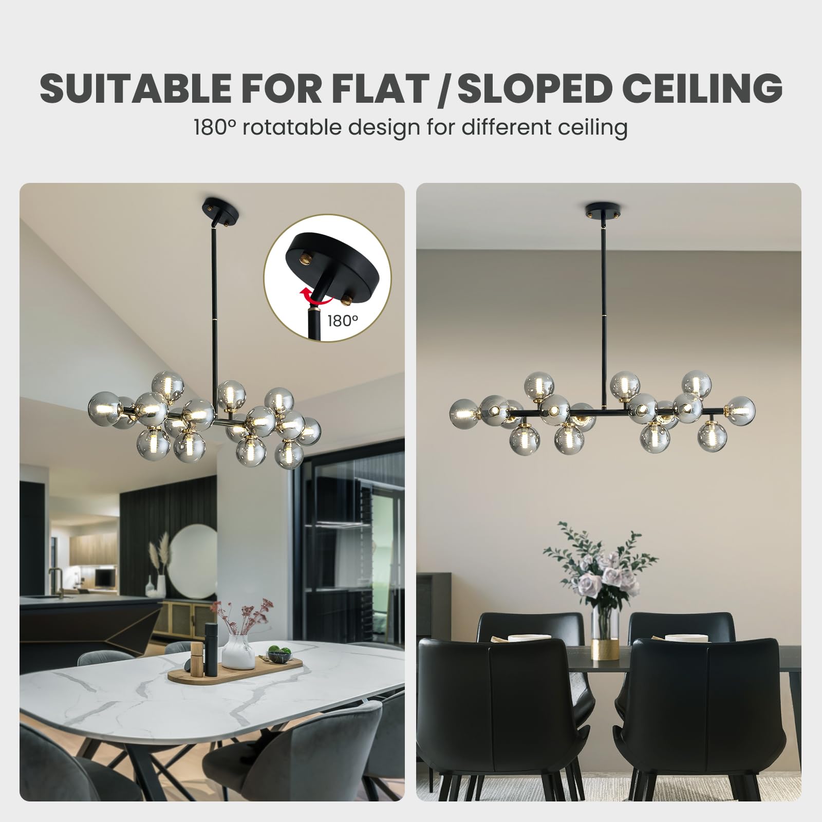 CROSSIO 16 Lights Mid Century Modern Chandelier Black Iron Glass Globe Pendant Light Fixture for Dining Room Kitchen