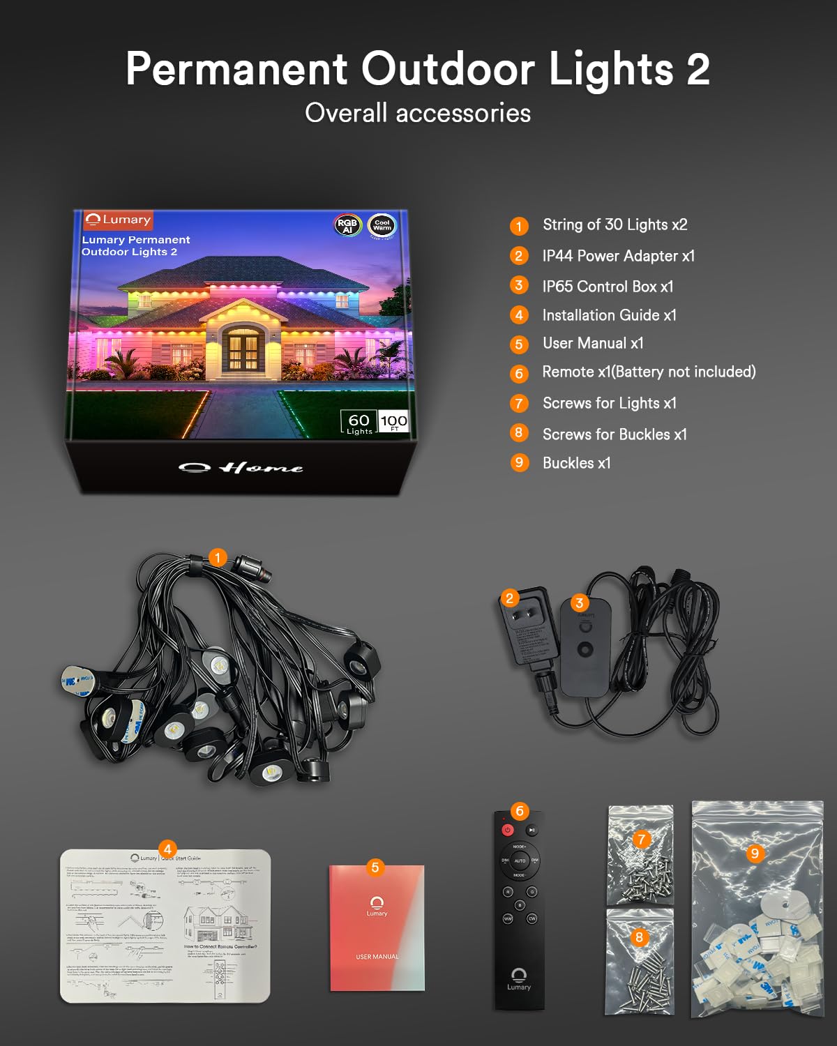 Lumary Smart Outdoor Lights 100ft, 60 RGBAICW LEDs, 3600lm, Remote Control, Black, Gen2-Model L-PO60F2, Perfect for Halloween