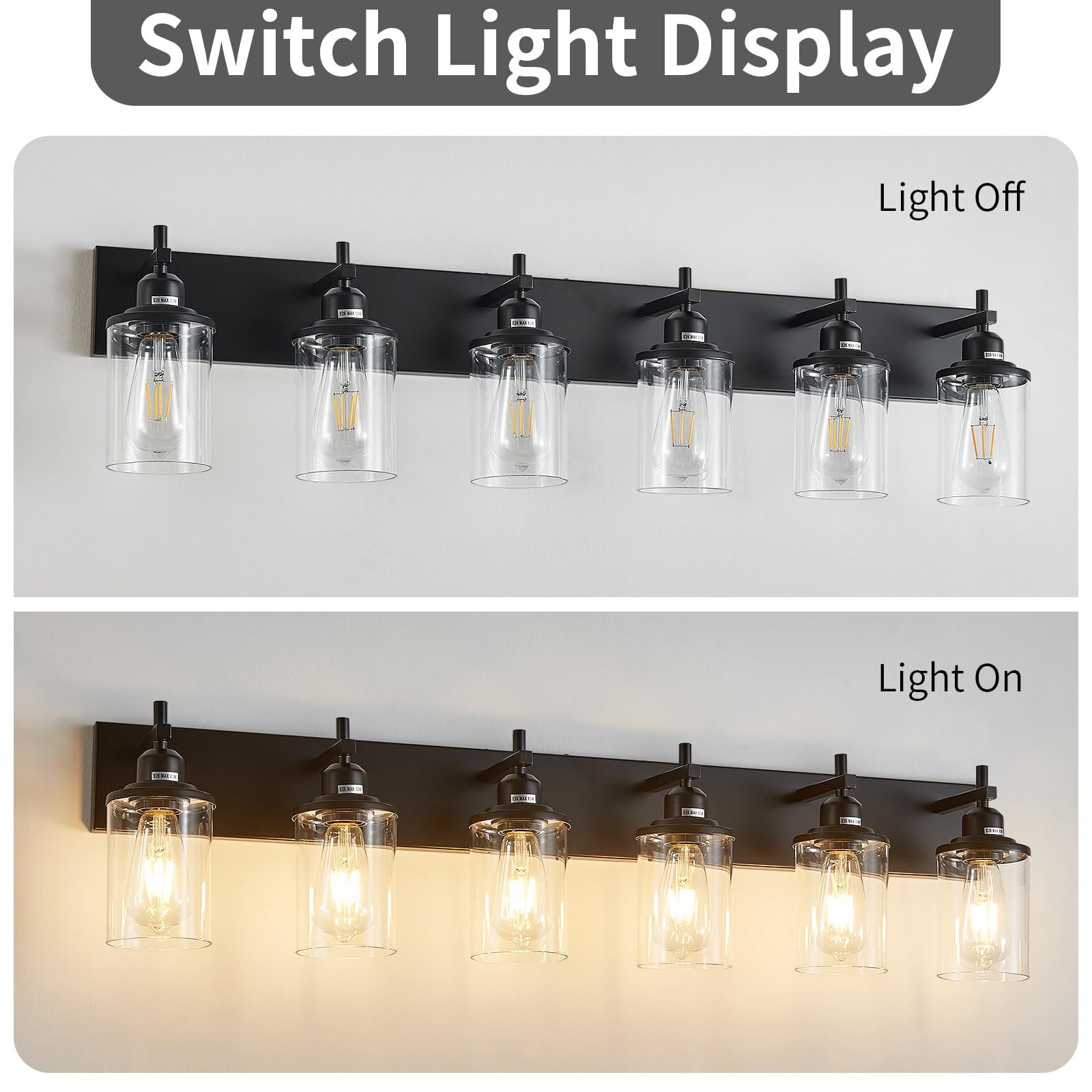 Lanhall 6-Light Black Bathroom Light Fixture Over Mirror Modern Farmhouse Bathroom Vanity Light Vintage Wall Lighting With Clear