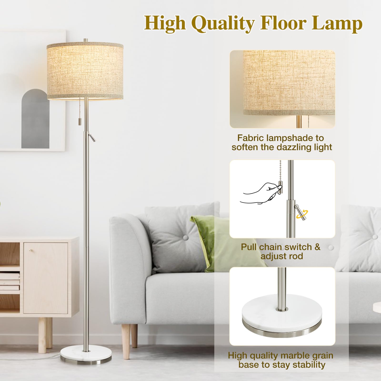 GyroVu Marble Floor Lamp, Adjustable Height, Silver, Pull Chain Switch, Tall Standing Lamp for Living Room, Bedroom & Office