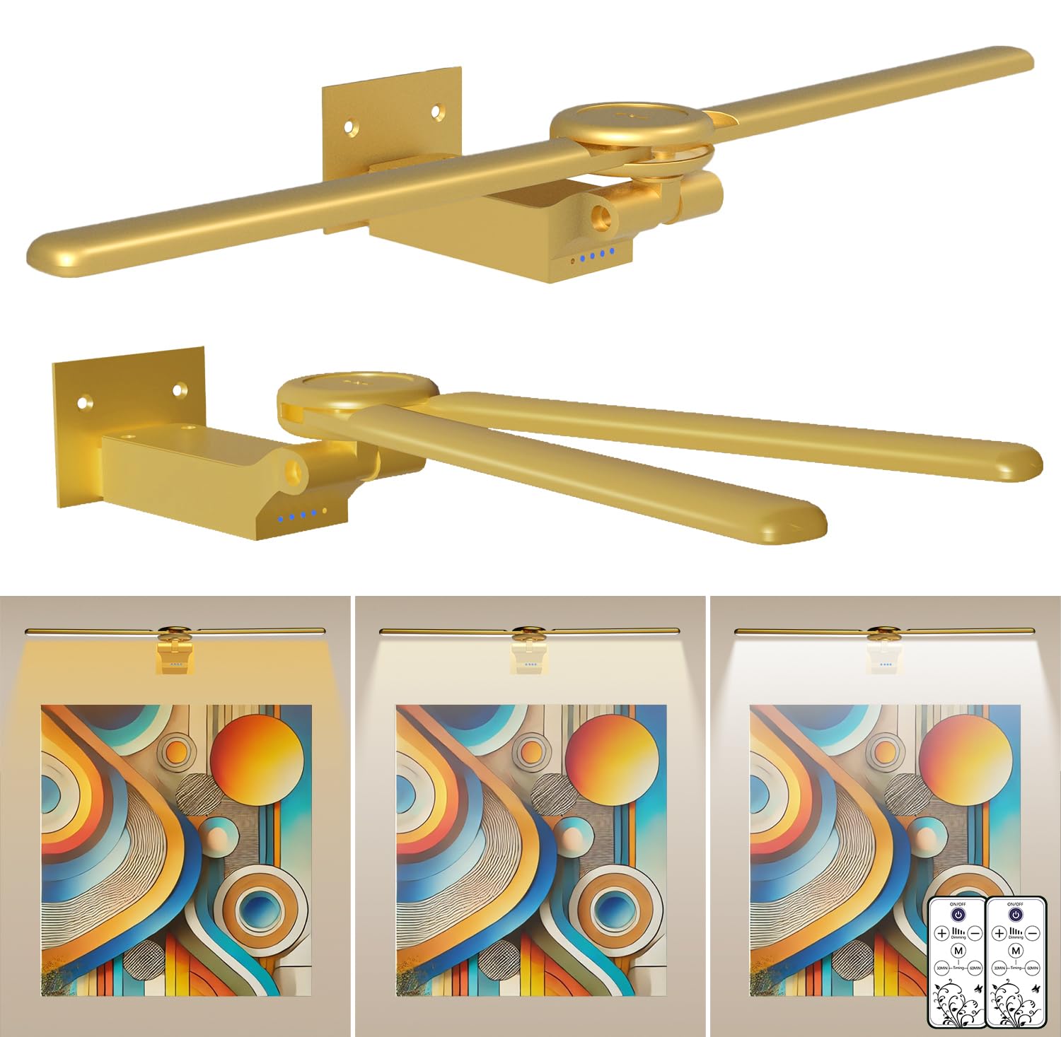cotaros Picture Light 2 Pack, 18in Rechargeable Wall Art Light, Dimmable, Battery Operated, Gold, Model AA-1