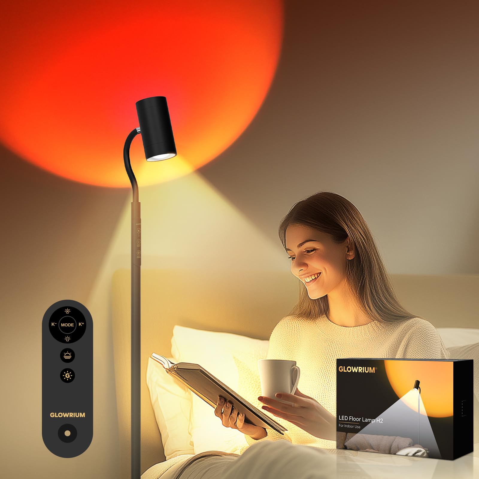 GLOWRIUM LED Floor Lamp, Professional Eye-Caring Reading Light, 360 Rotating Gooseneck Lamp, 5 Color Temperatures and Stepless D