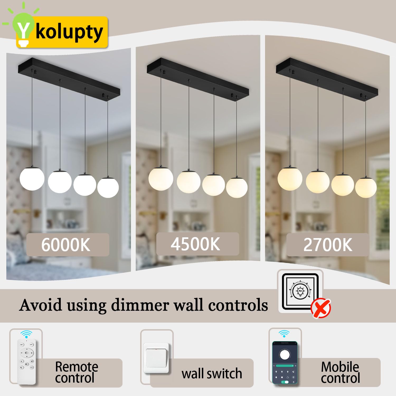 Ykolupty Dining Room Light Fixture 4-Light Black Kitchen Island Lighting Globe Glass Chandeliers For Dining Room Over Table Pend