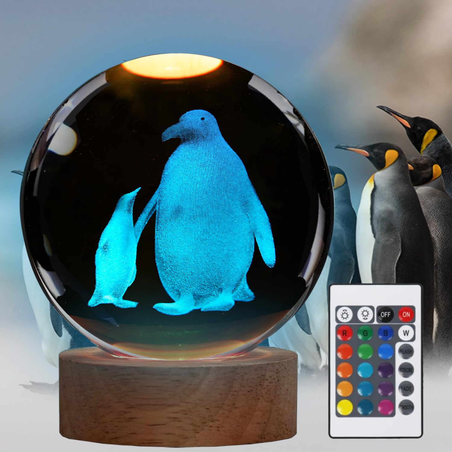 POSSHE Penguin Night Light, Penguin Gifts, K9 3.15 Inch (80mm) Crystal Ball Night Light with 16 Colors Remote Upgraded Lamp for 