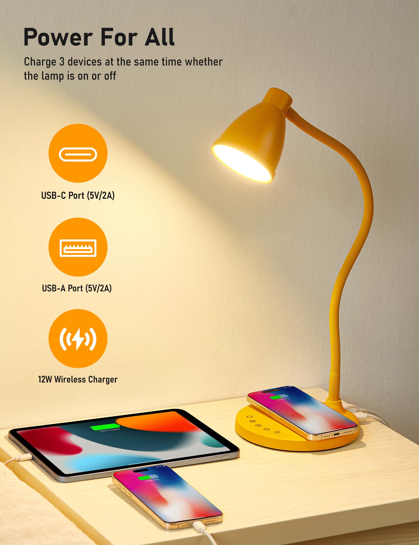 Bohon Led Desk Lamp With Usb C+A Charging Ports Wireless Charger, 5 Colors Stepless Dimming Touch Reading Light, Flexible Goosen