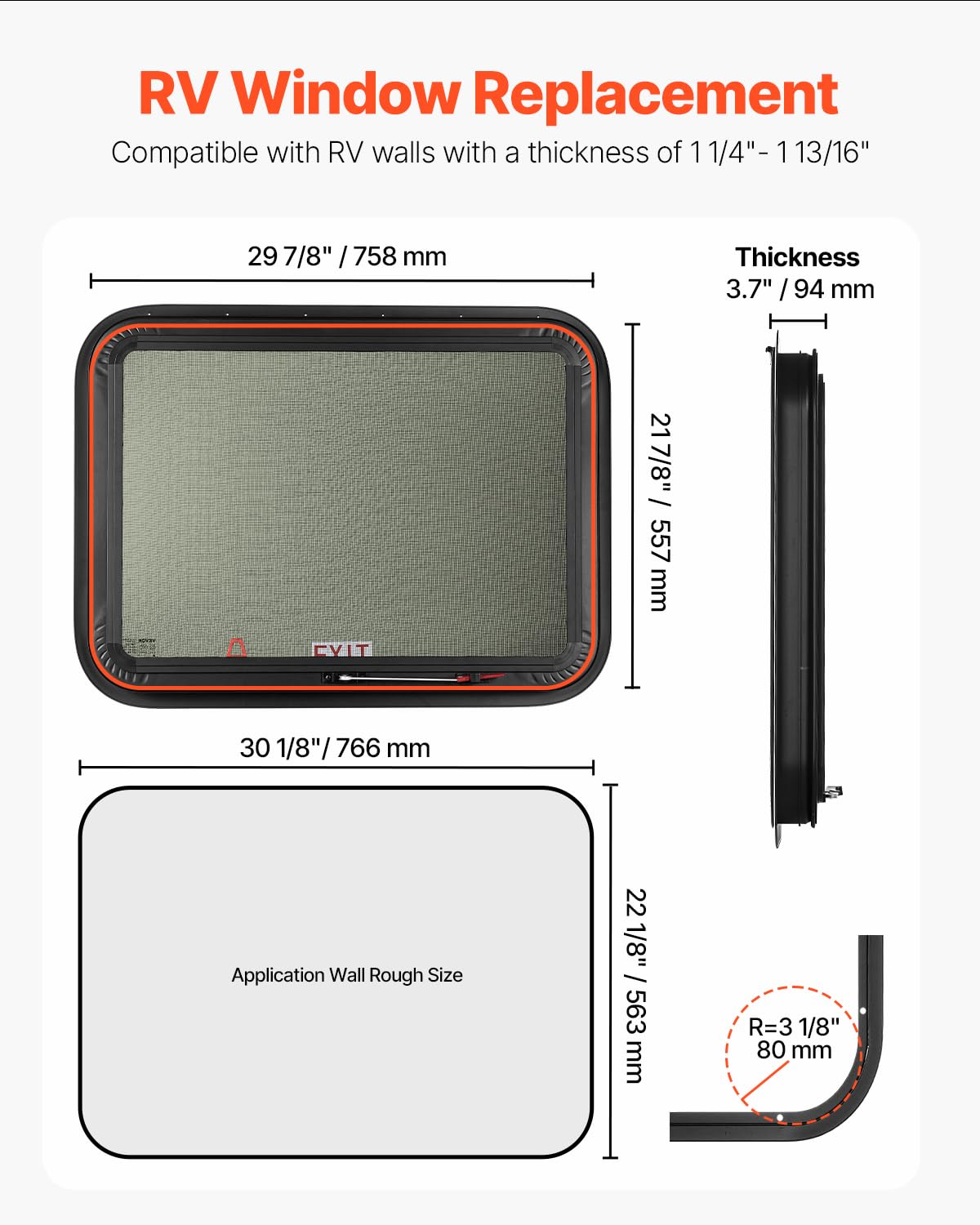 VEVOR RV Exit Window, 30 W x 20 H Tinted RV Window with Net Screen and Trim Ring, Fit for 1 1/4 - 1 13/16 Thickness Wall, RV Win
