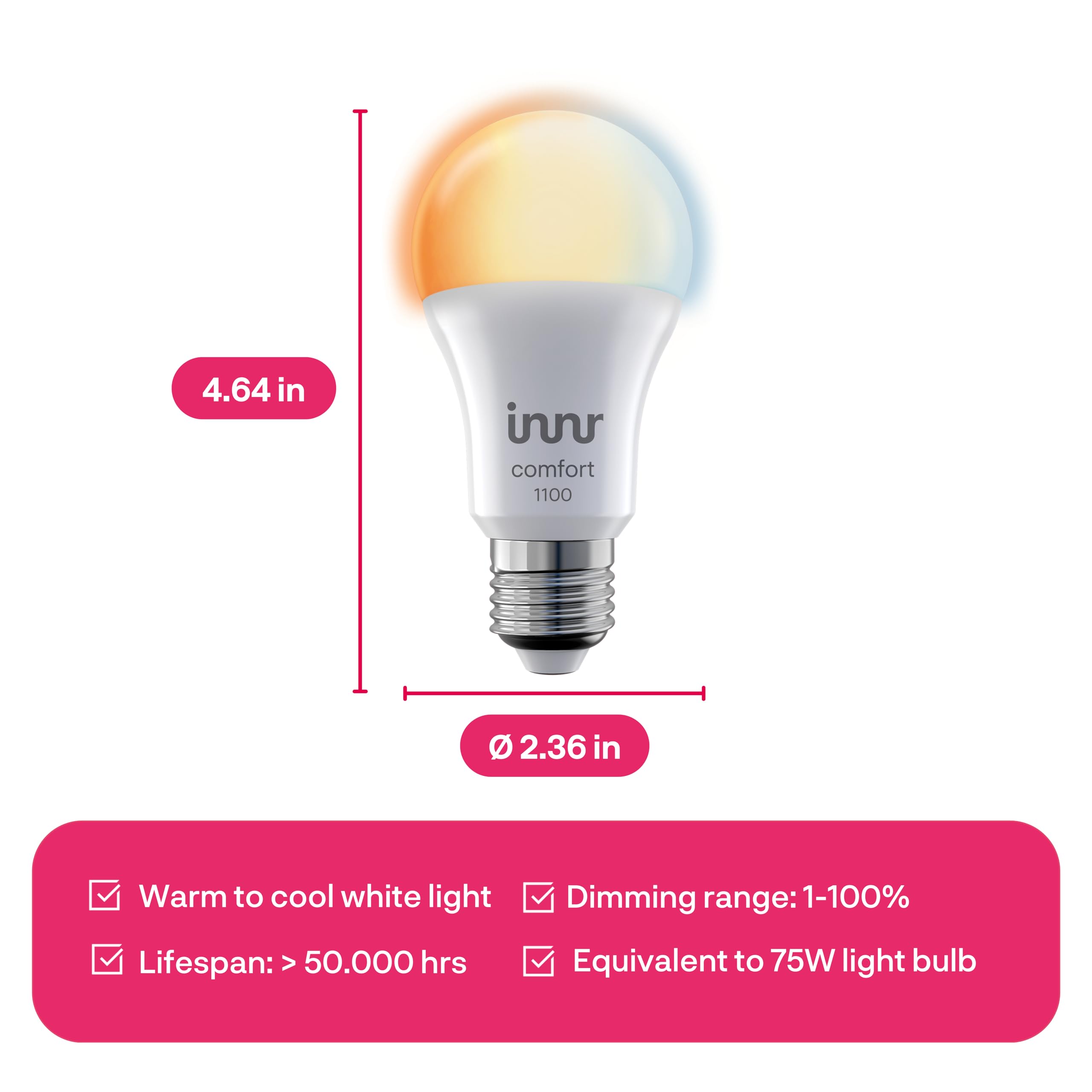 innr A19 Smart Light Bulb, Zigbee, Dimmable E26 LED, 75W Equivalent, Warm to Cool White, 1140lm, 1-Pack