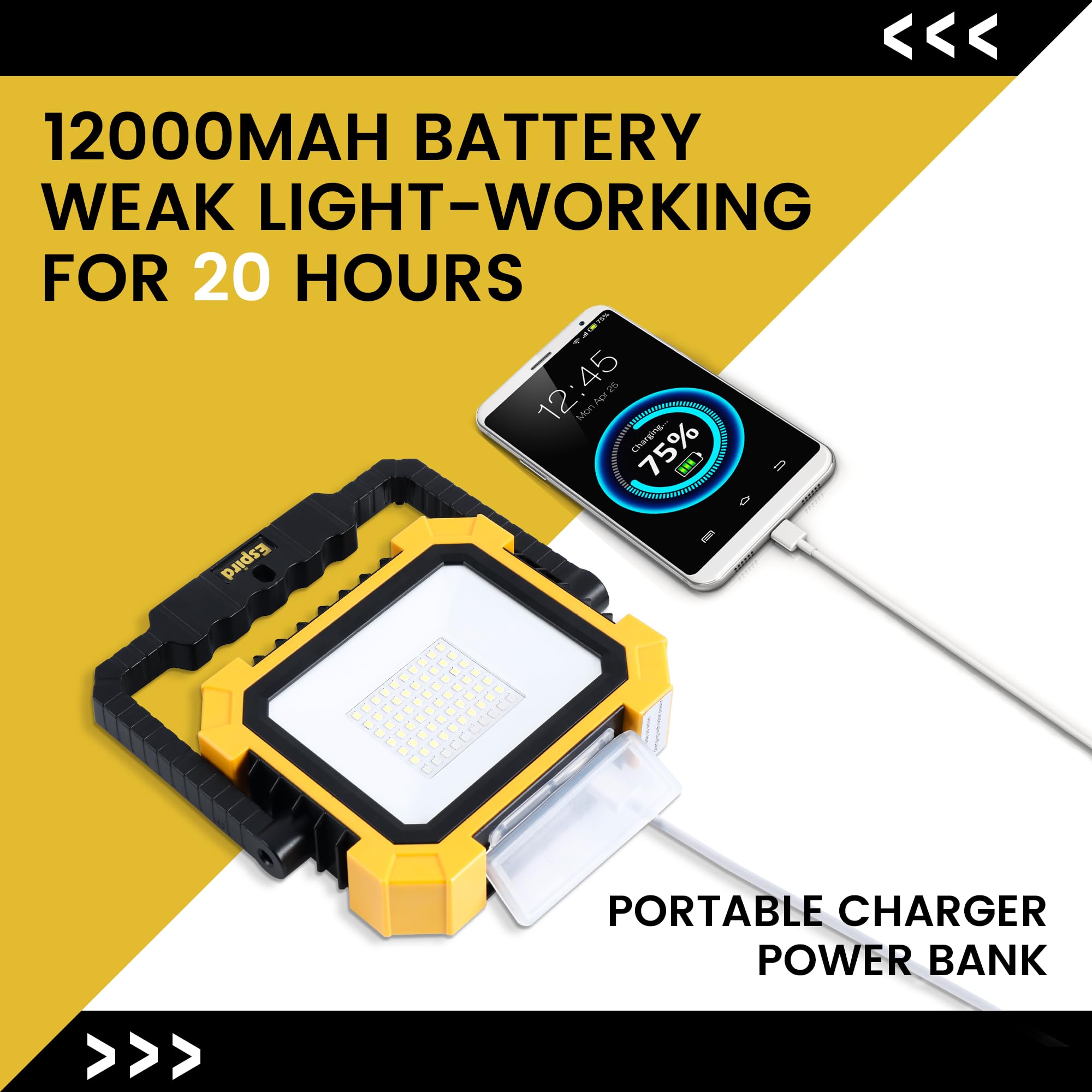 Espird Portable LED Work Light - 12000mAh, 10000LM, Magnetic, 4 Modes, Black, Model L-29, Rechargeable for Camping & Emergency
