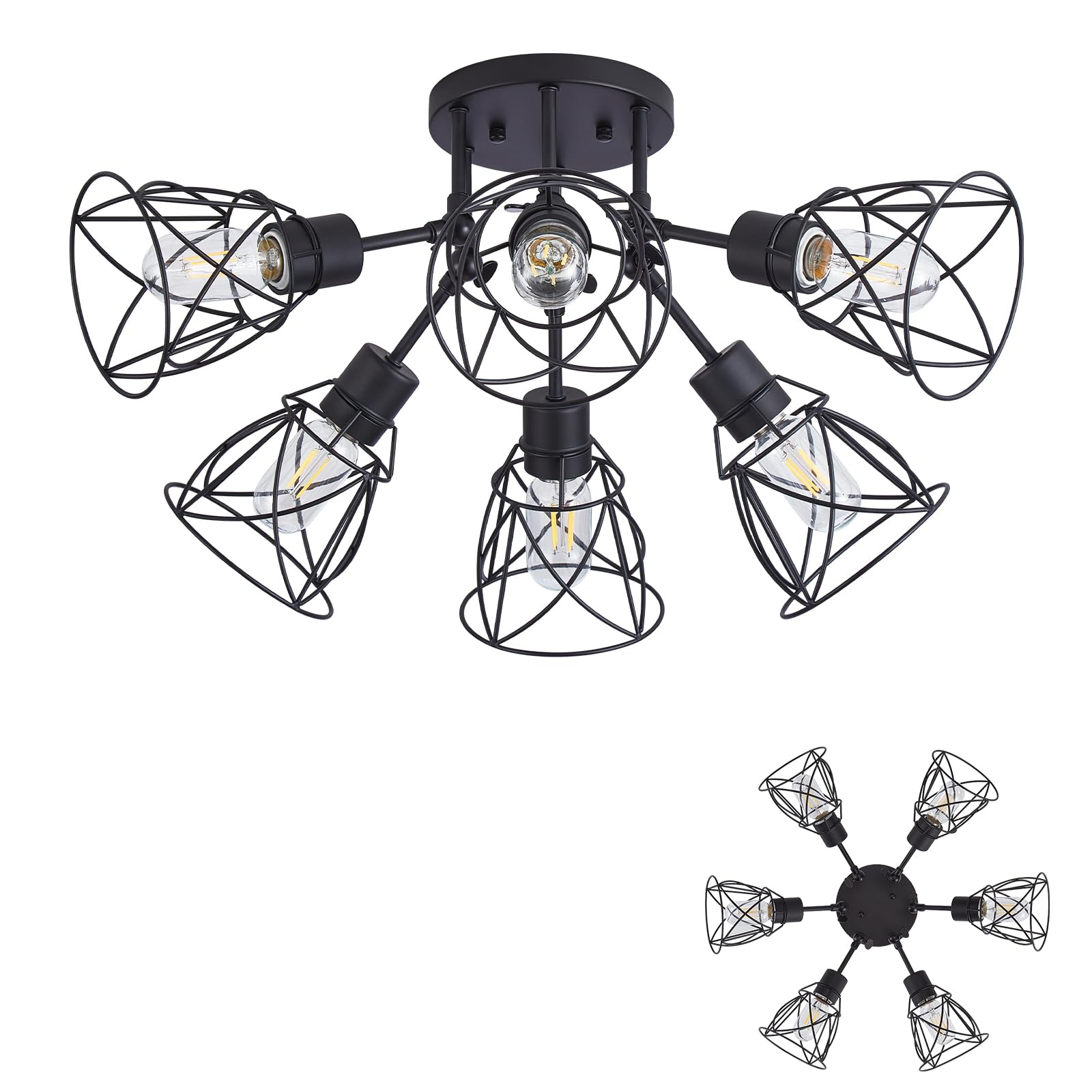 HDASIC 6-Light Semi Flush Mount Ceiling Light, Industrial Large Matte Black Kitchen Lighting Fixtures Ceiling with Metal Cage Sh