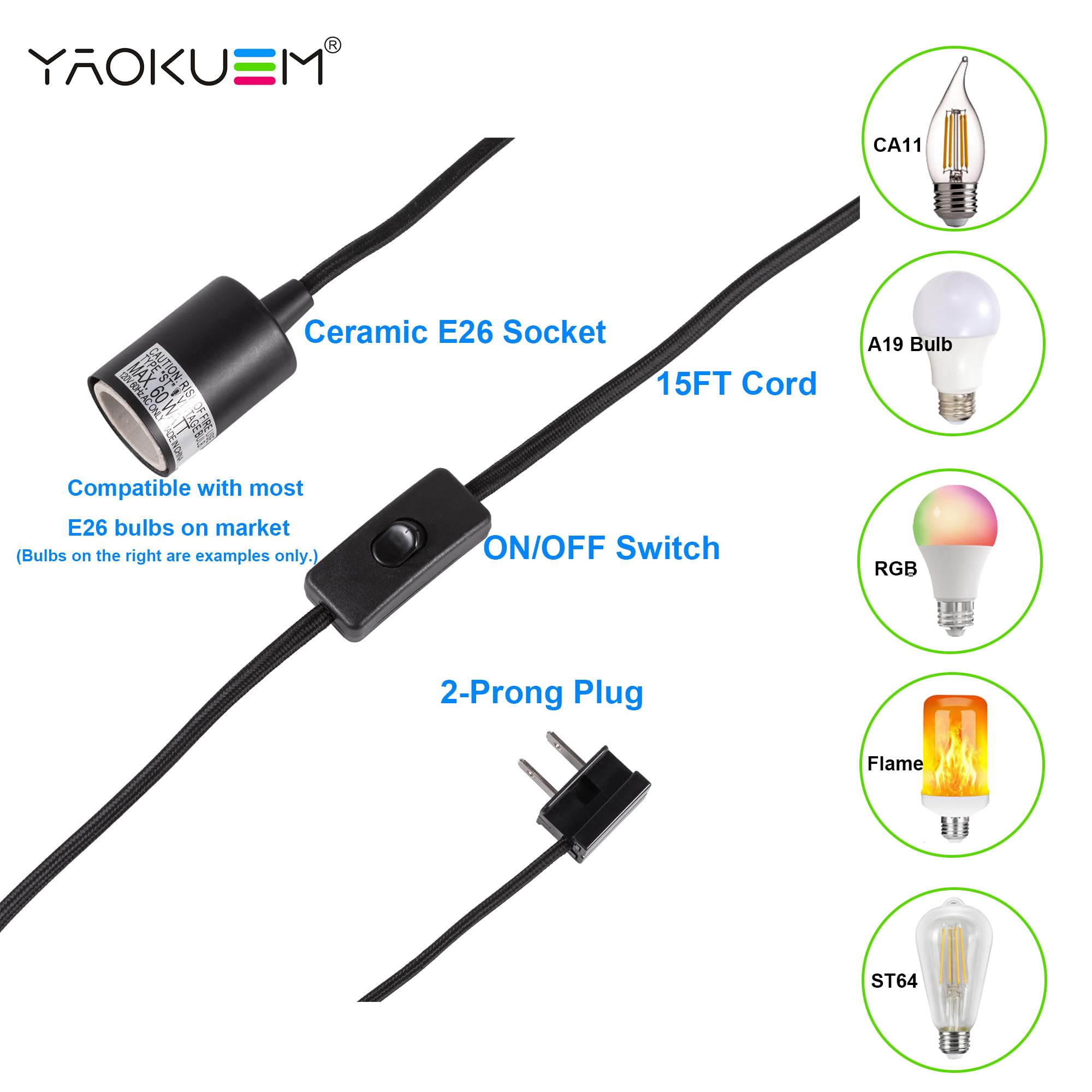 Yaokuem Pendant Lighting, Plug In Hanging Light Kits With On/Off Switch, 15 Feet Cord Kit, Bulb Not Included, Black, 3 Pack