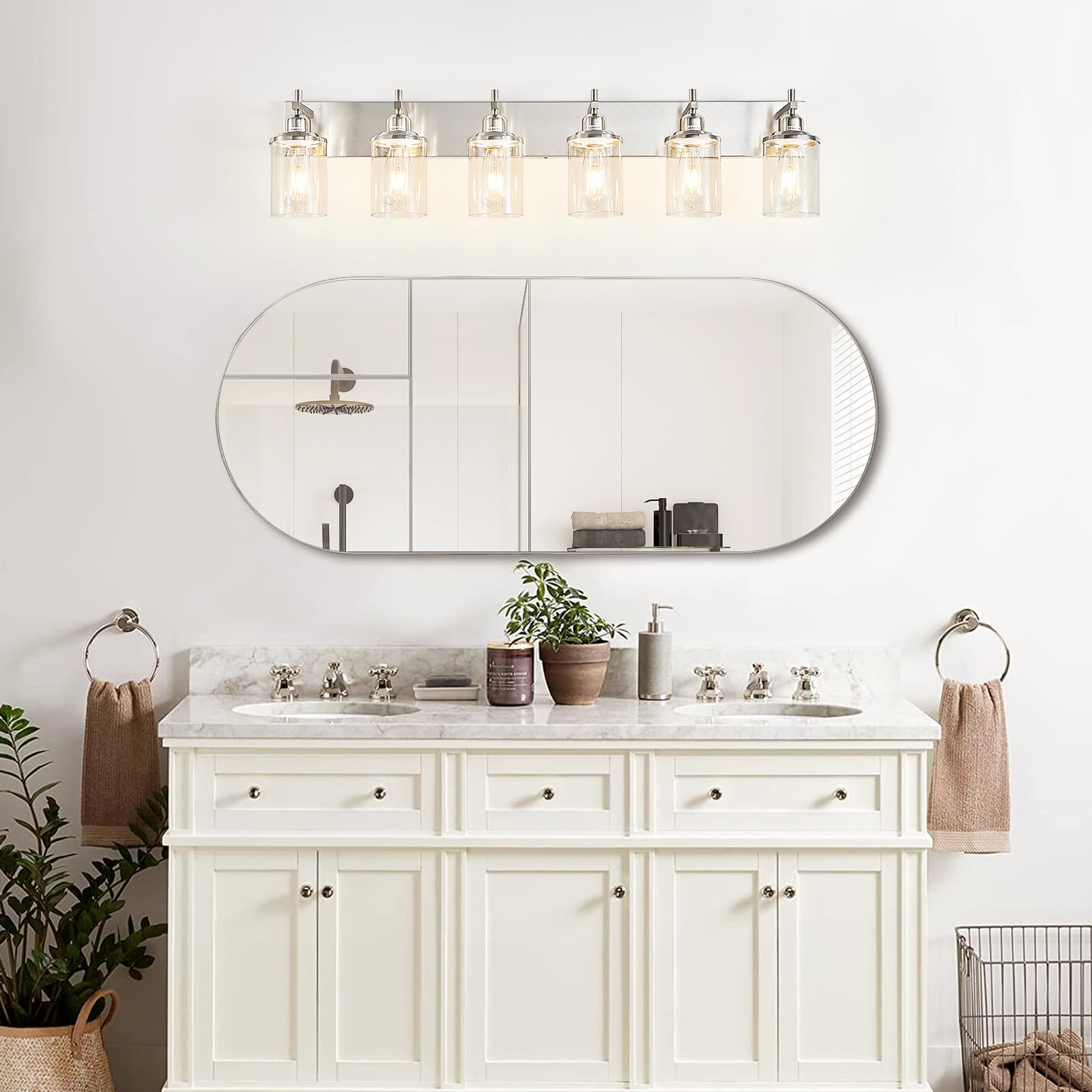 Lanhall 6-Light Brushed Nickel Bathroom Light Fixture Over Mirror Modern Bathroom Vanity Light Vintage Wall Lighting With Clear