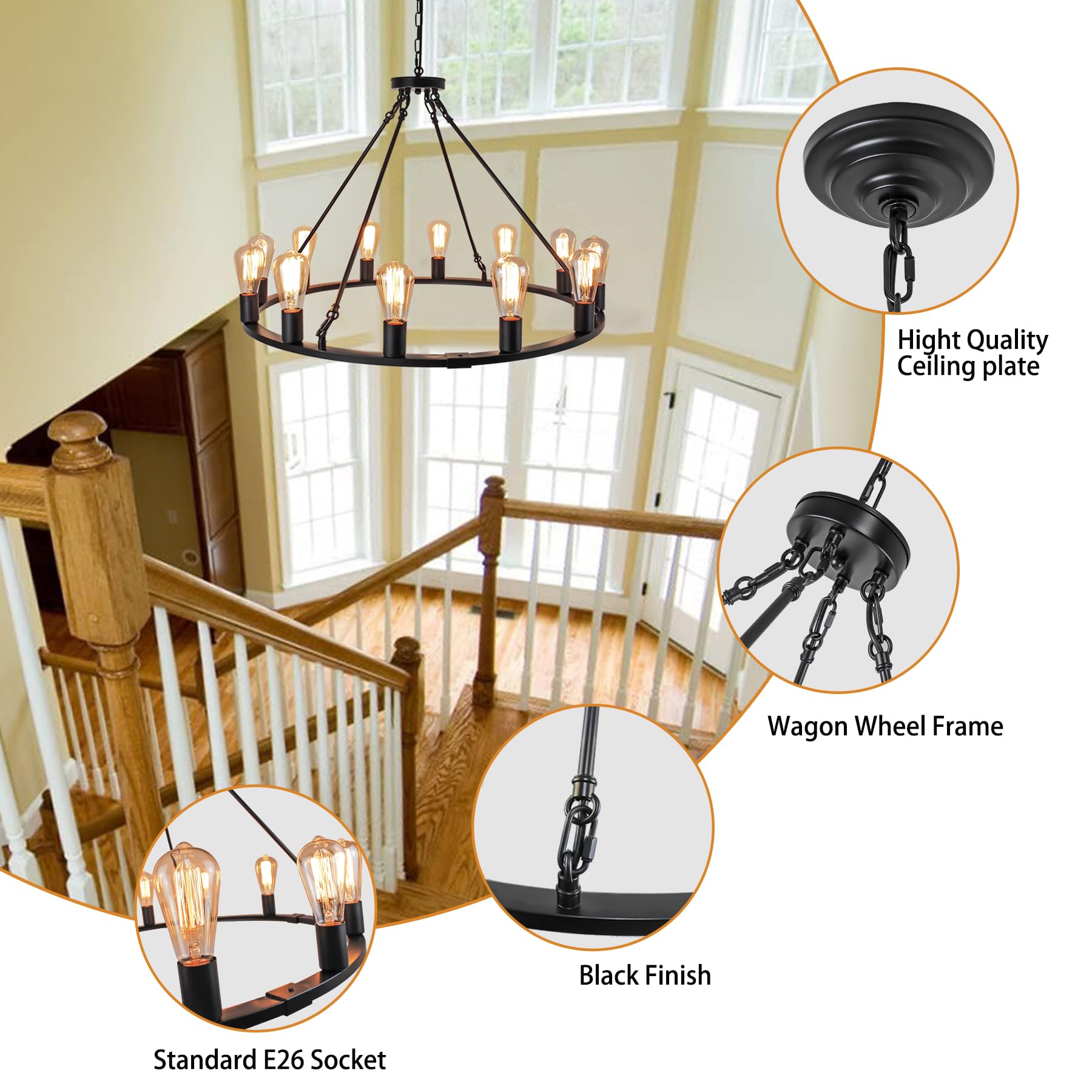 Rviezza 31.5" 12 Lights Wagon Wheel Chandelier, Black Round Rustic Industrial Vintage Farmhouse Chandeliers For Dining Room Foyer Living Room Kitchen Island