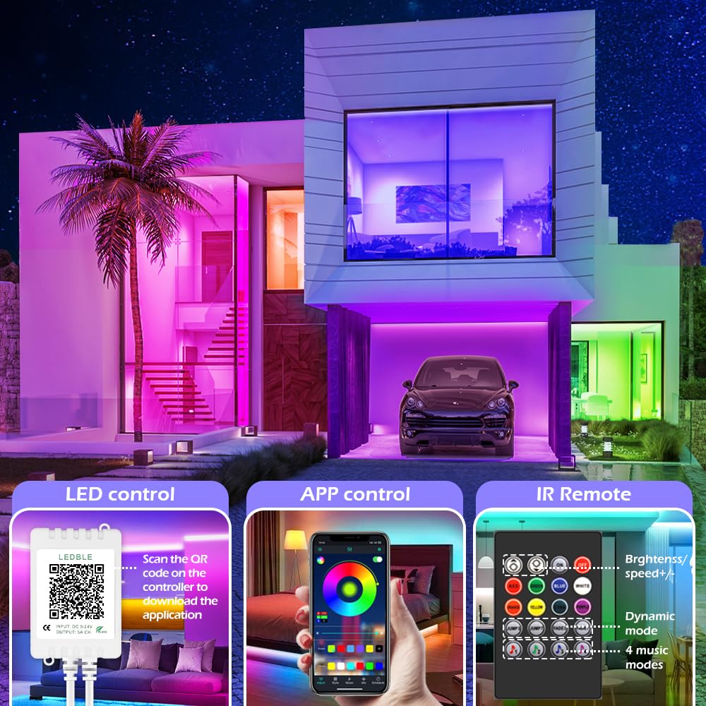 LETIANPAI LED Strip Lights, 200FT RGB Color Changing, Bluetooth APP/IR Remote, Music Sync, Plastic for Home Decoration
