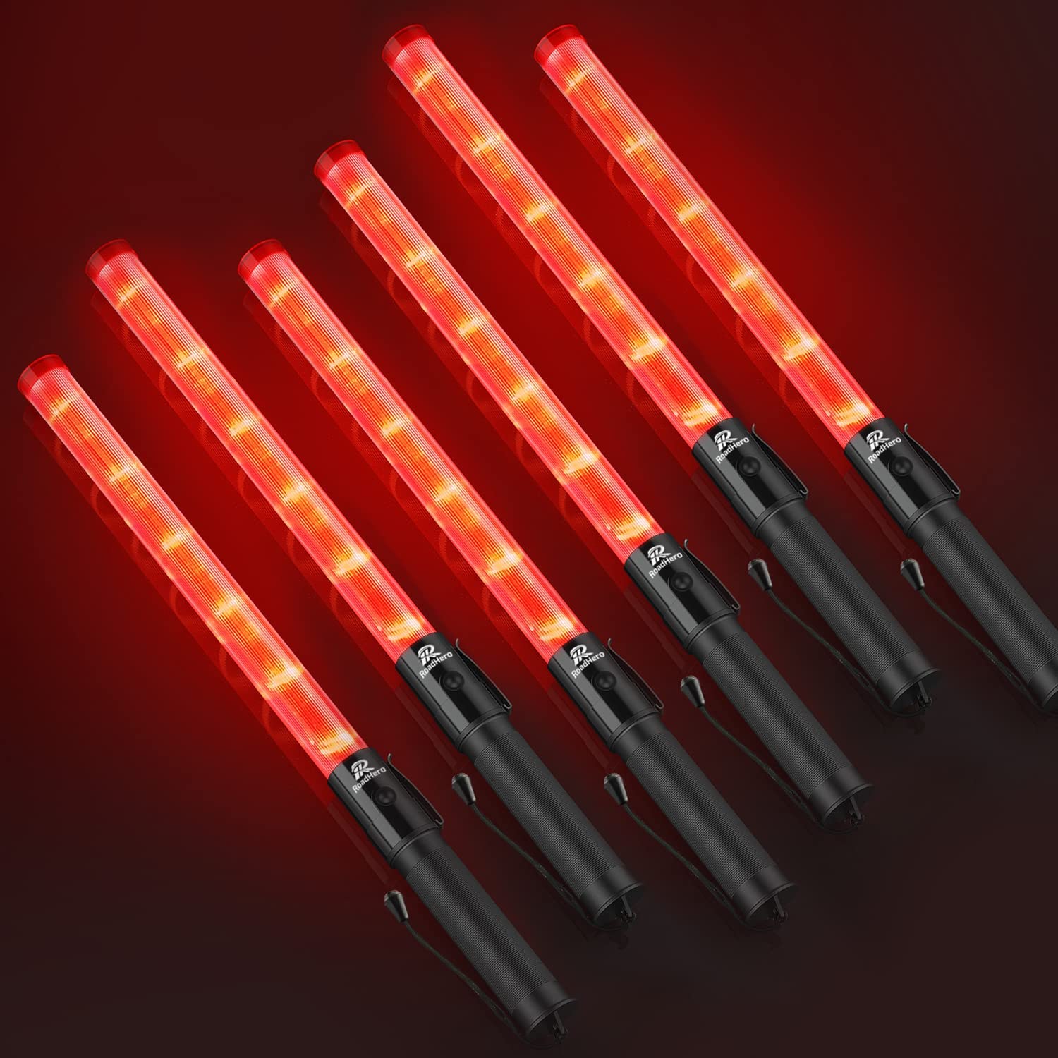 RoadHero Traffic Control Baton, 21-Inch LED Light Wand, 6 Pack, Red, Model 54*3, 2 Flashing Modes, Safety Air Marshaling Signal