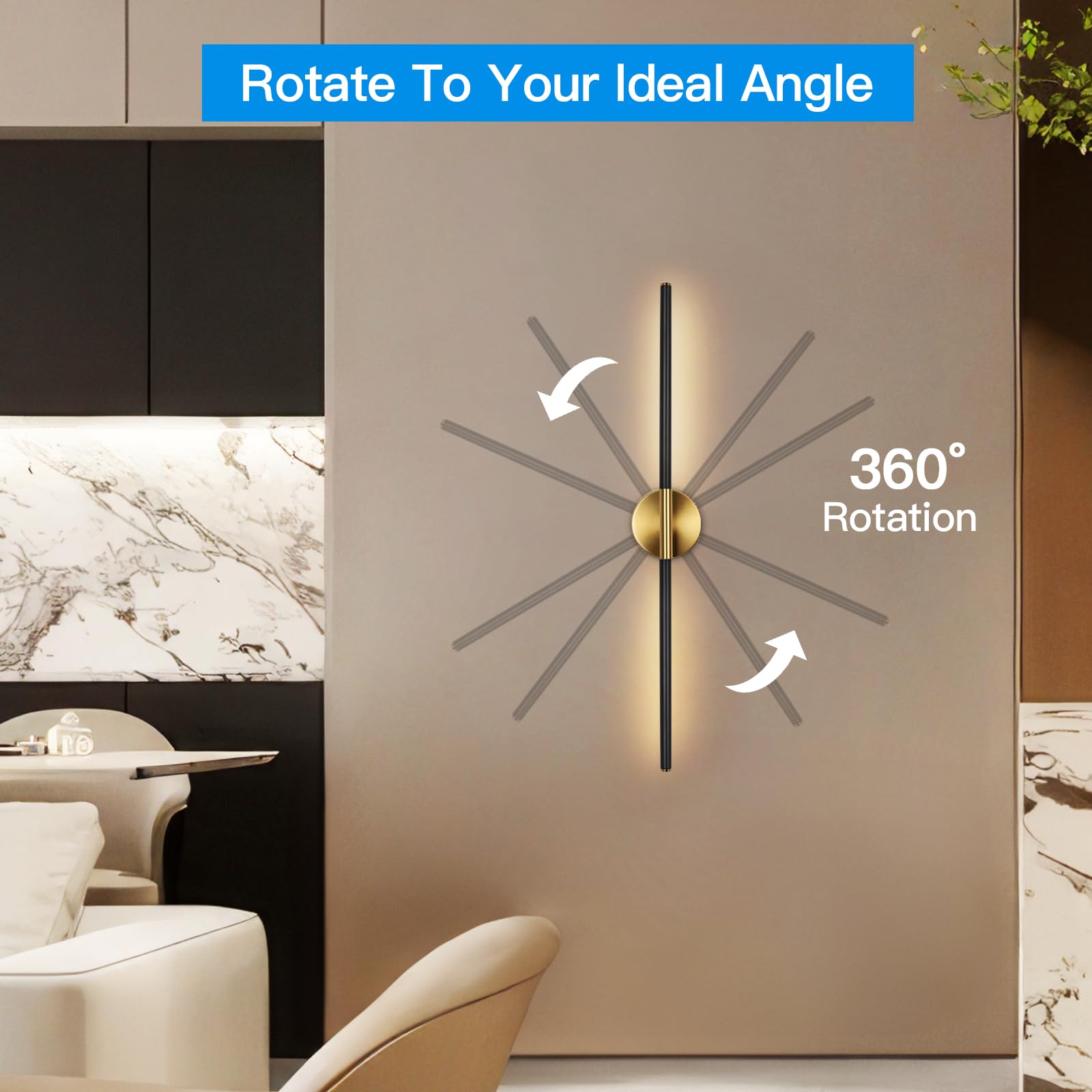 Battery Operated Wall Sconces Set of Two, 360Rotate Wireless Wall Sconces with Remote Control Dimmable Timing, Black Gold Rechar