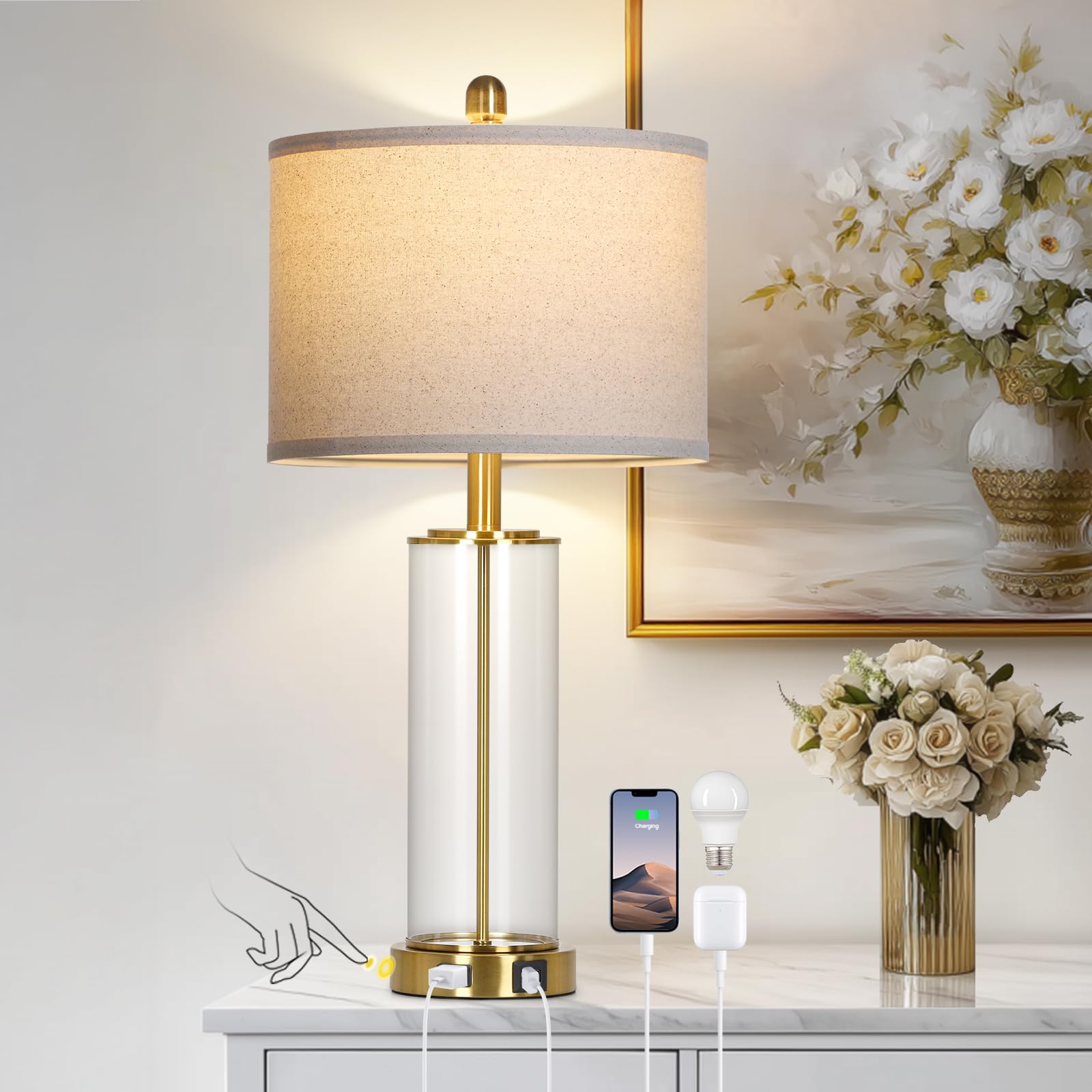 26 Inch Gold Glass Table Lamp Single  3-Way Dimmable Touch Lamp for Living Room  Modern Bedroom Lamp with USB C+A Ports & Outlet  Classic Bedside Brass Lamp for Nightstand Side End Table Decoration