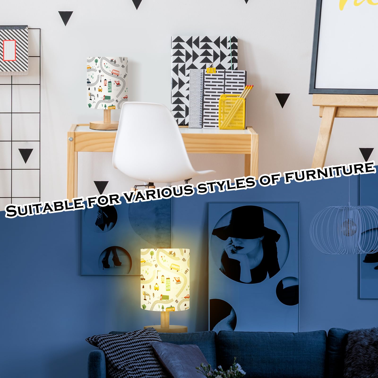 Vihose Transportation Kids Table Lamp For Bedroom Kids Bedside Lamp With Linen Wooden Nightstand Cartoon Nursery Decor Lampshade