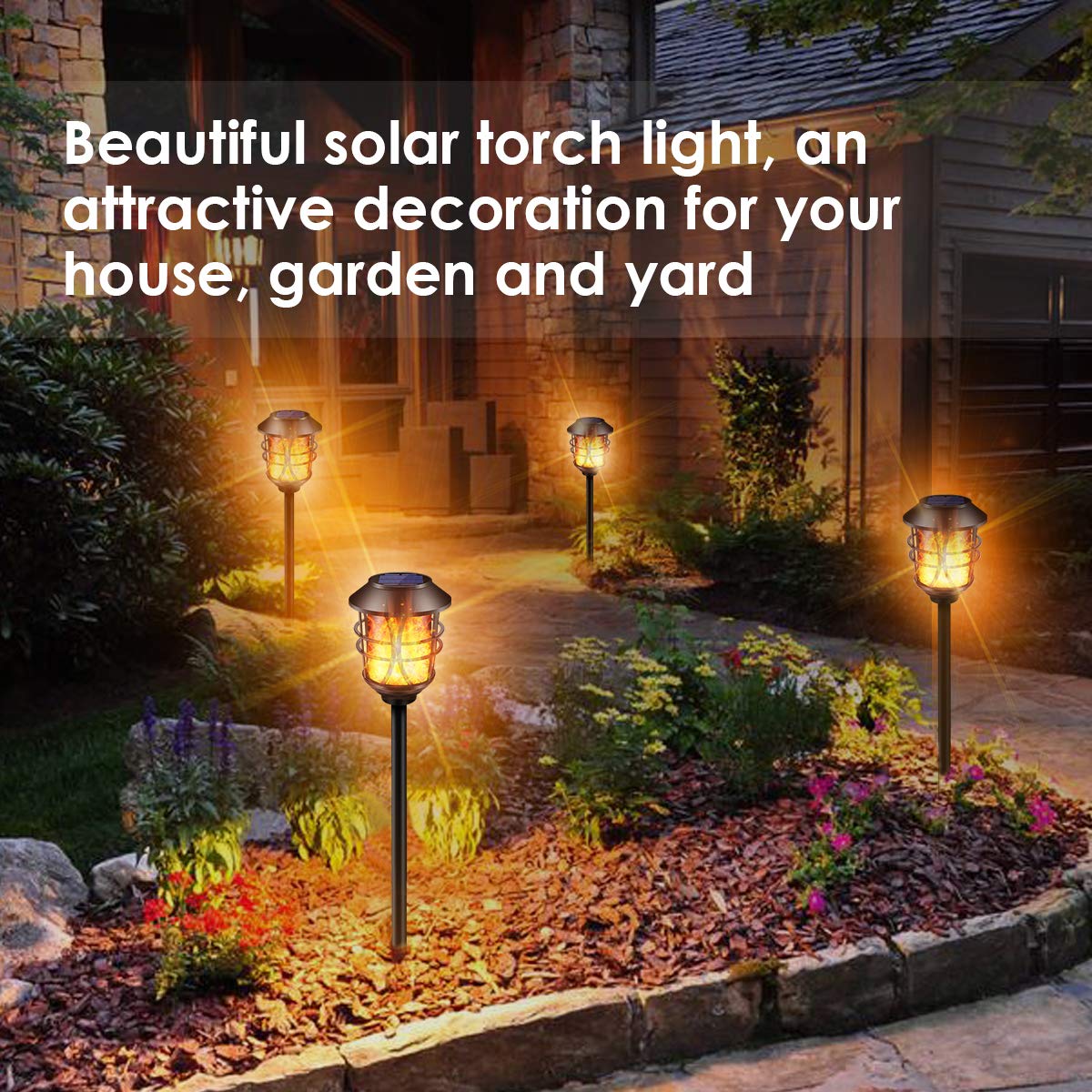 TomCare Solar Flickering Flame Torches, Waterproof Outdoor Lights, 4 Pack, Heavy Duty, Dusk to Dawn Auto On/Off, Black