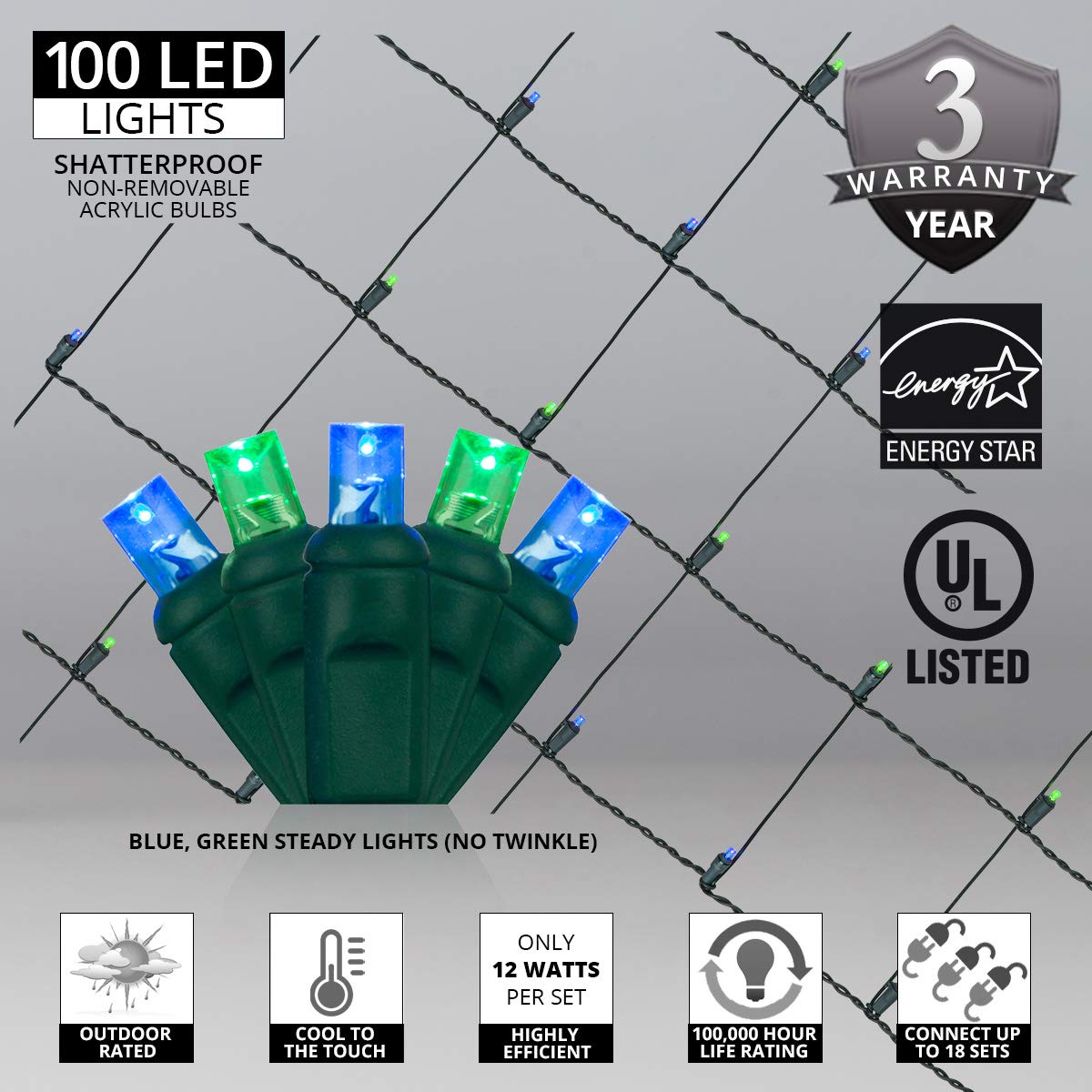 Wintergreen Lighting LED Net Lights, 4 x 6 ft, 5mm, Blue/Green, Set of 100, Outdoor Decorative Christmas Lights